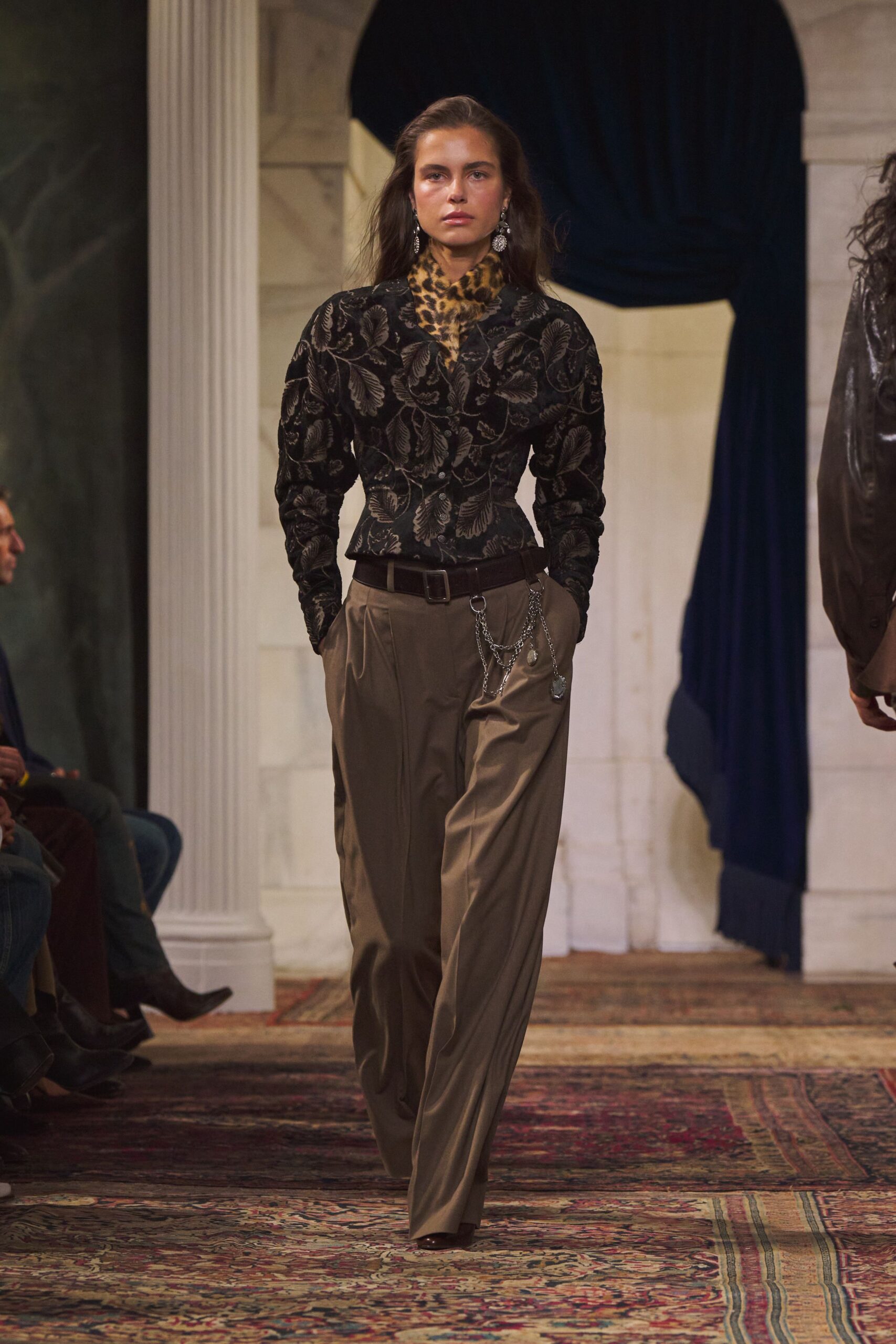 black silk long-sleeve collared fitted embroidered blouse
