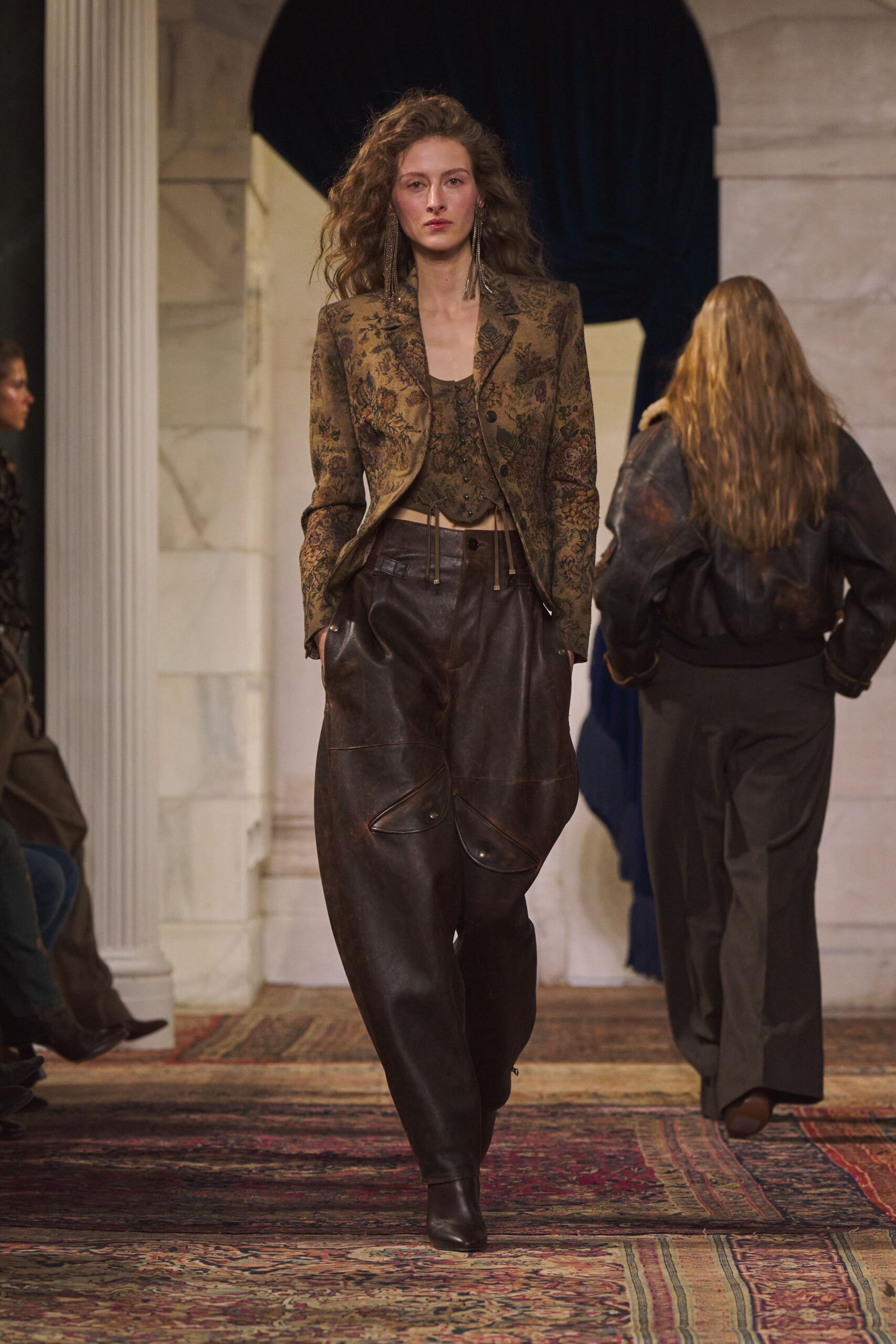 brown leather long-sleeve collared fitted embroidered jacket