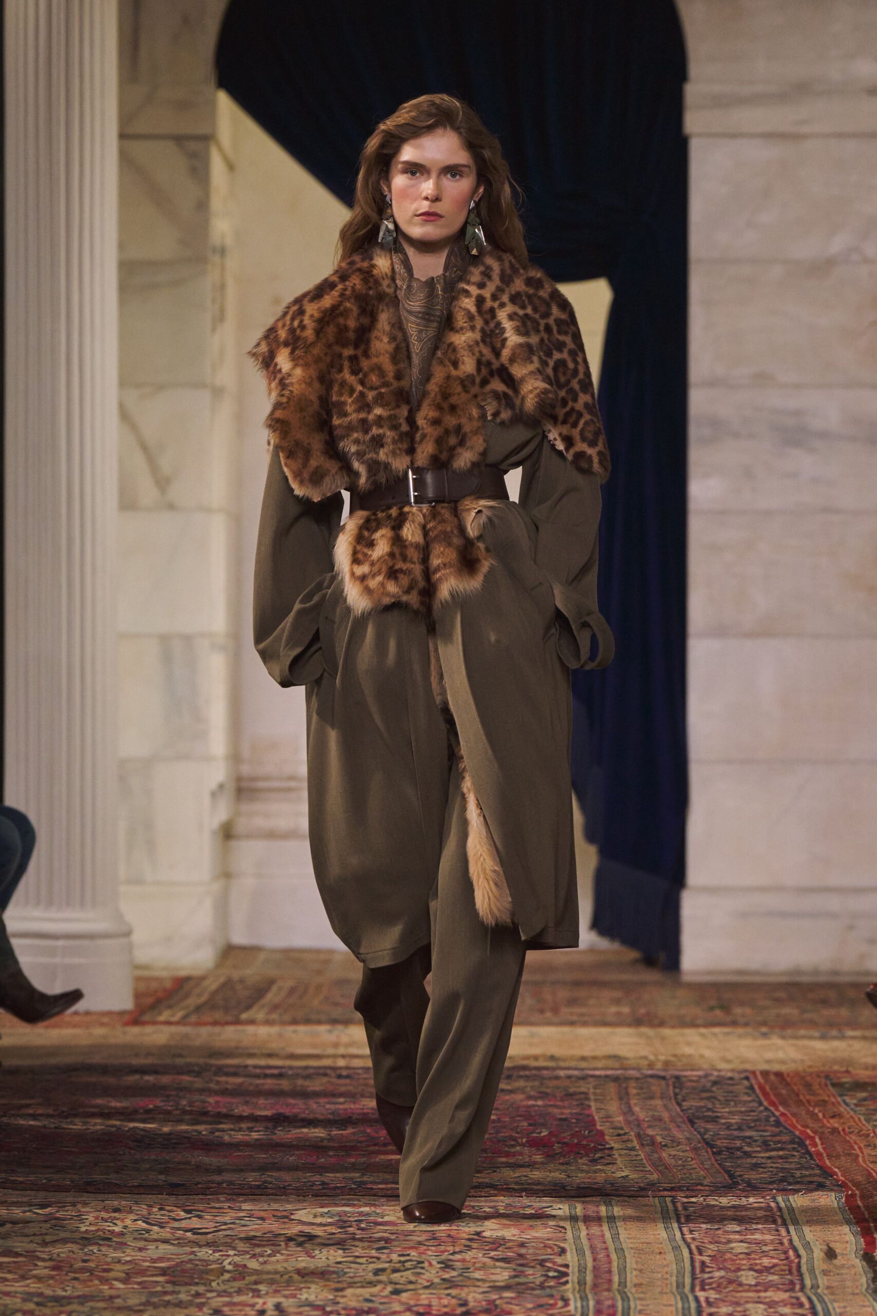 brown fur long-sleeve collared relaxed layered belted coat