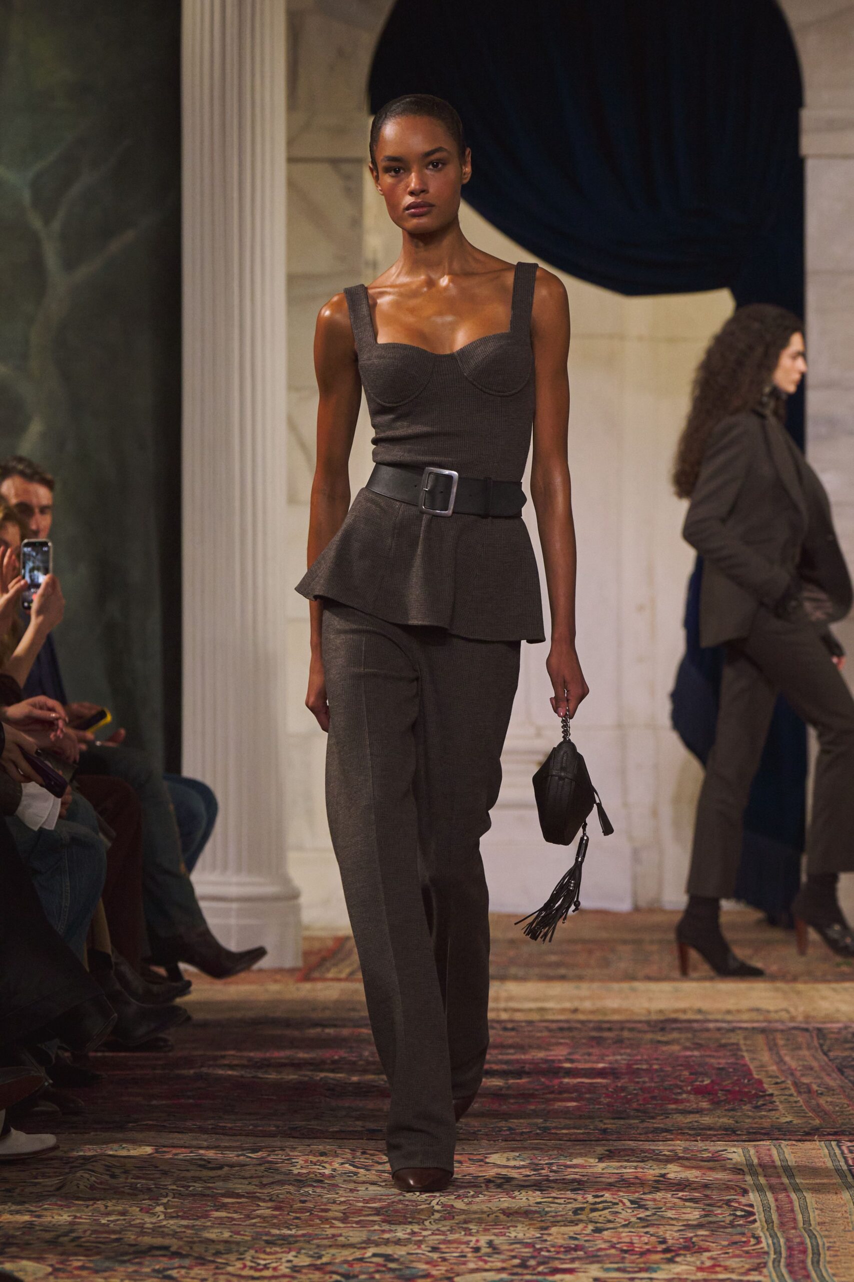 gray wool sleeveless v-neck fitted flared belted top