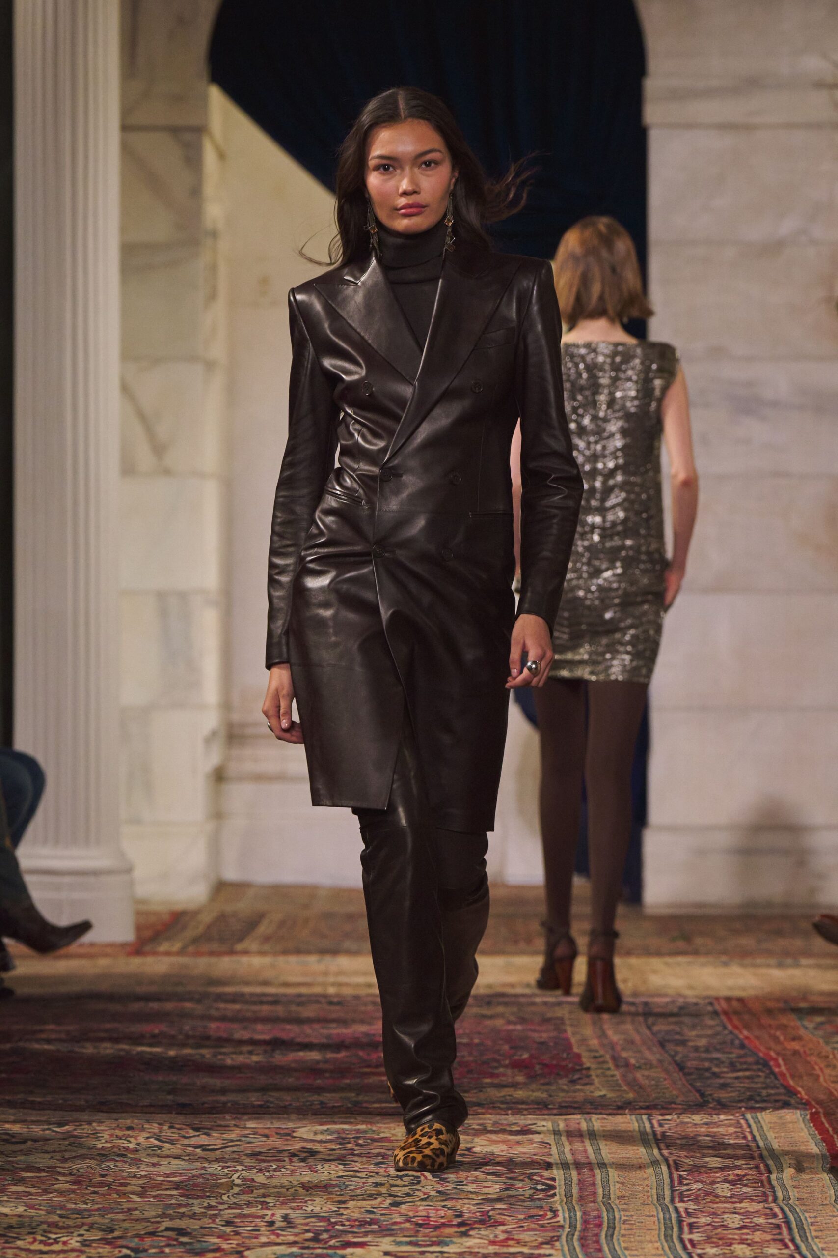 black leather long-sleeve v-neck fitted zippered suit
