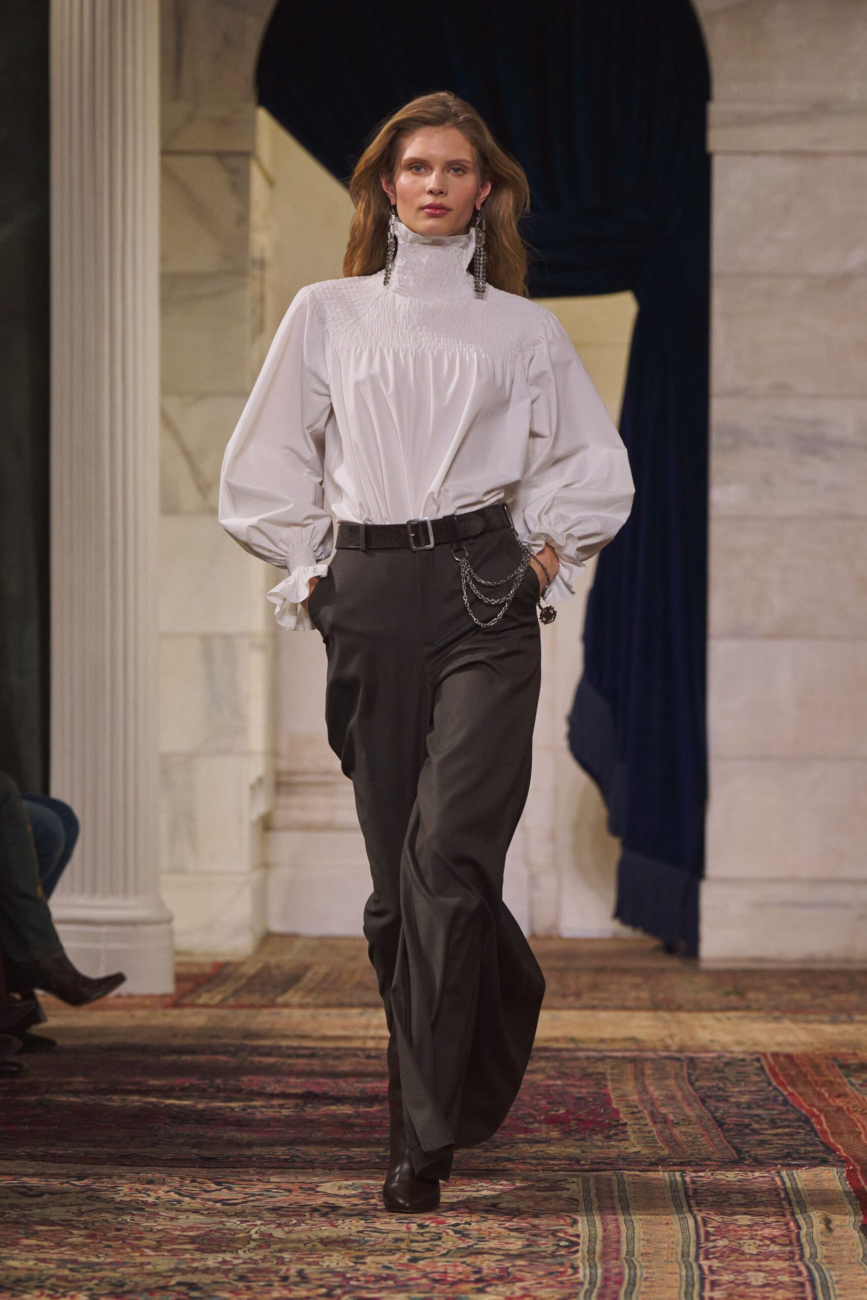 white cotton long-sleeve high-neck relaxed pleated blouse