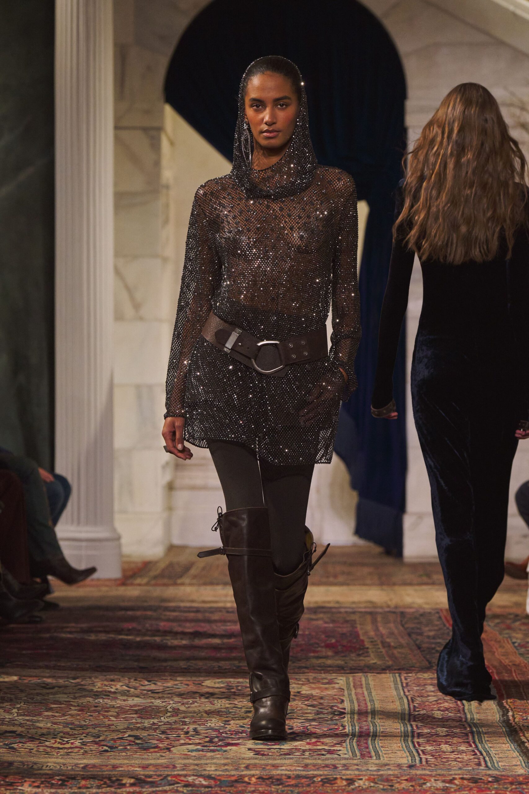 black mesh long-sleeve hooded fitted sheer textured top