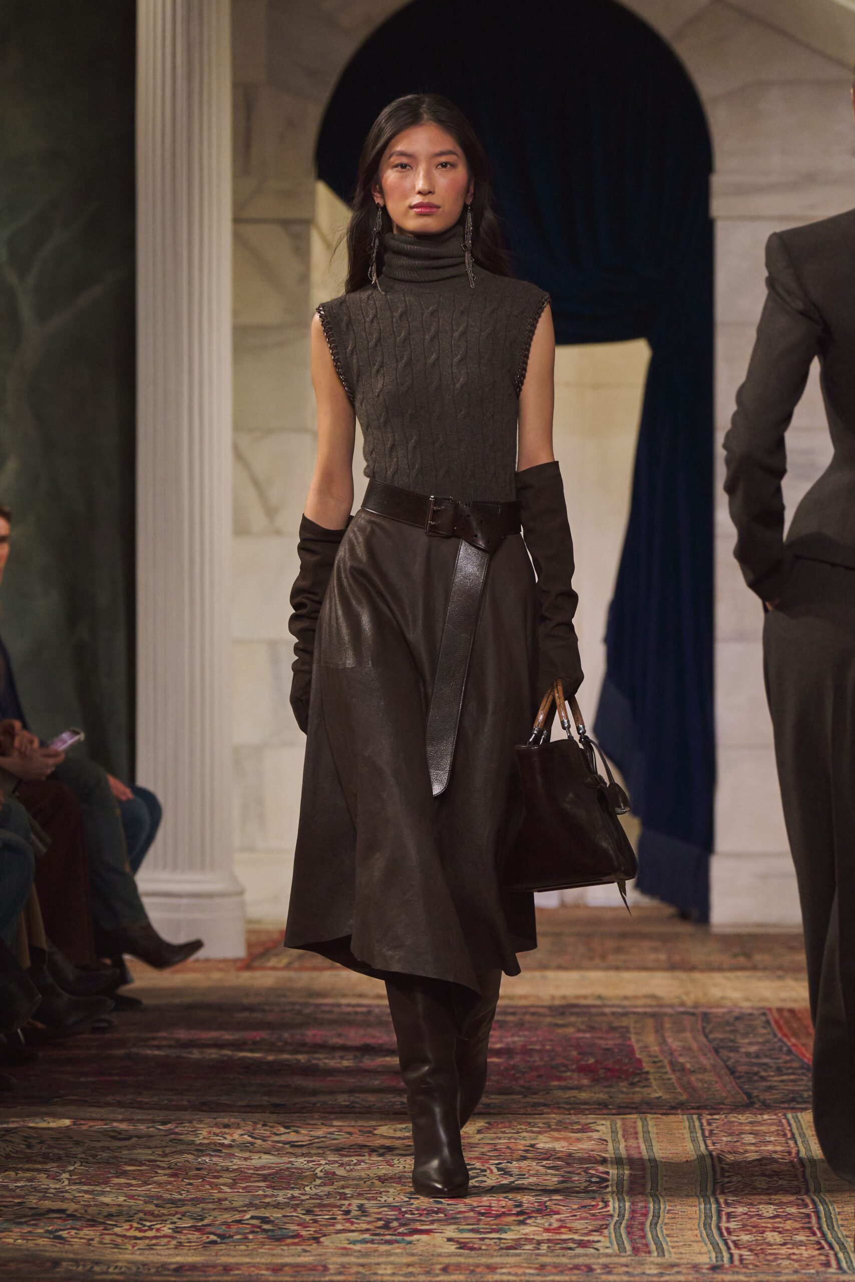 black leather long-sleeve high-neck fitted pleated belted dress