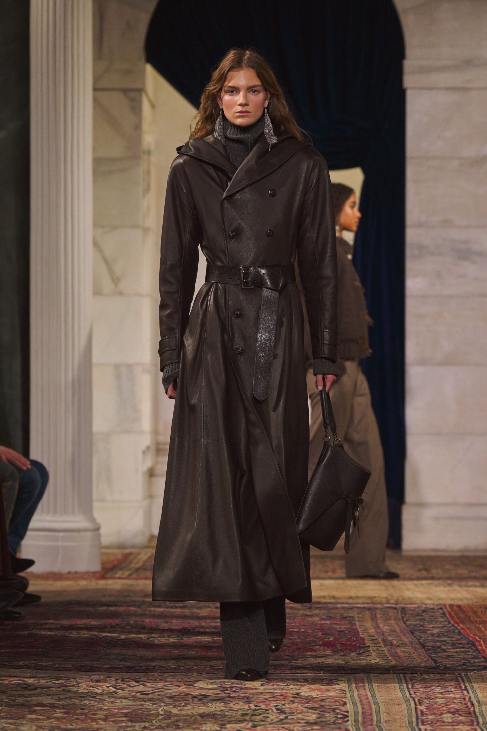 black leather long-sleeve collared fitted belted maxi trench