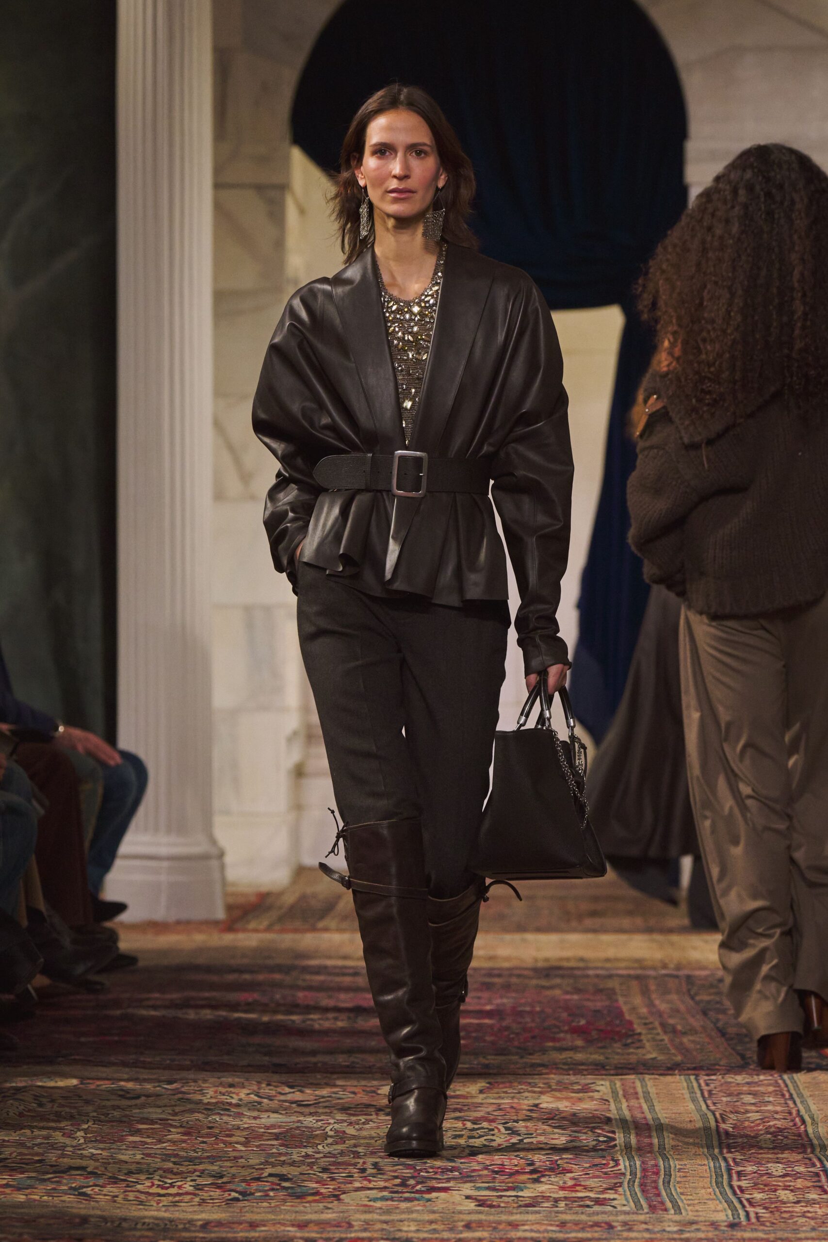 black leather long-sleeve collared fitted belted blazer