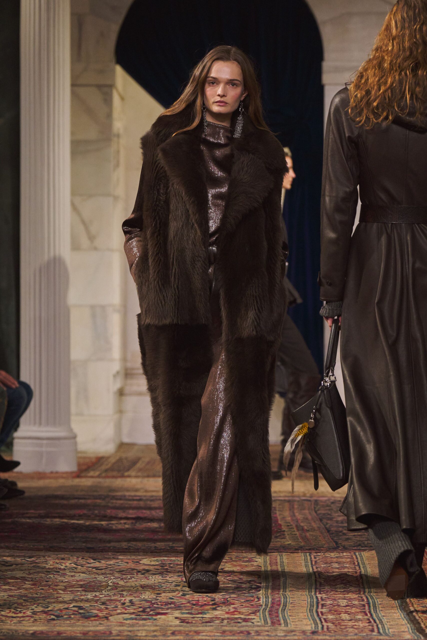 brown silk long-sleeve v-neck fitted pleated shiny jumpsuit