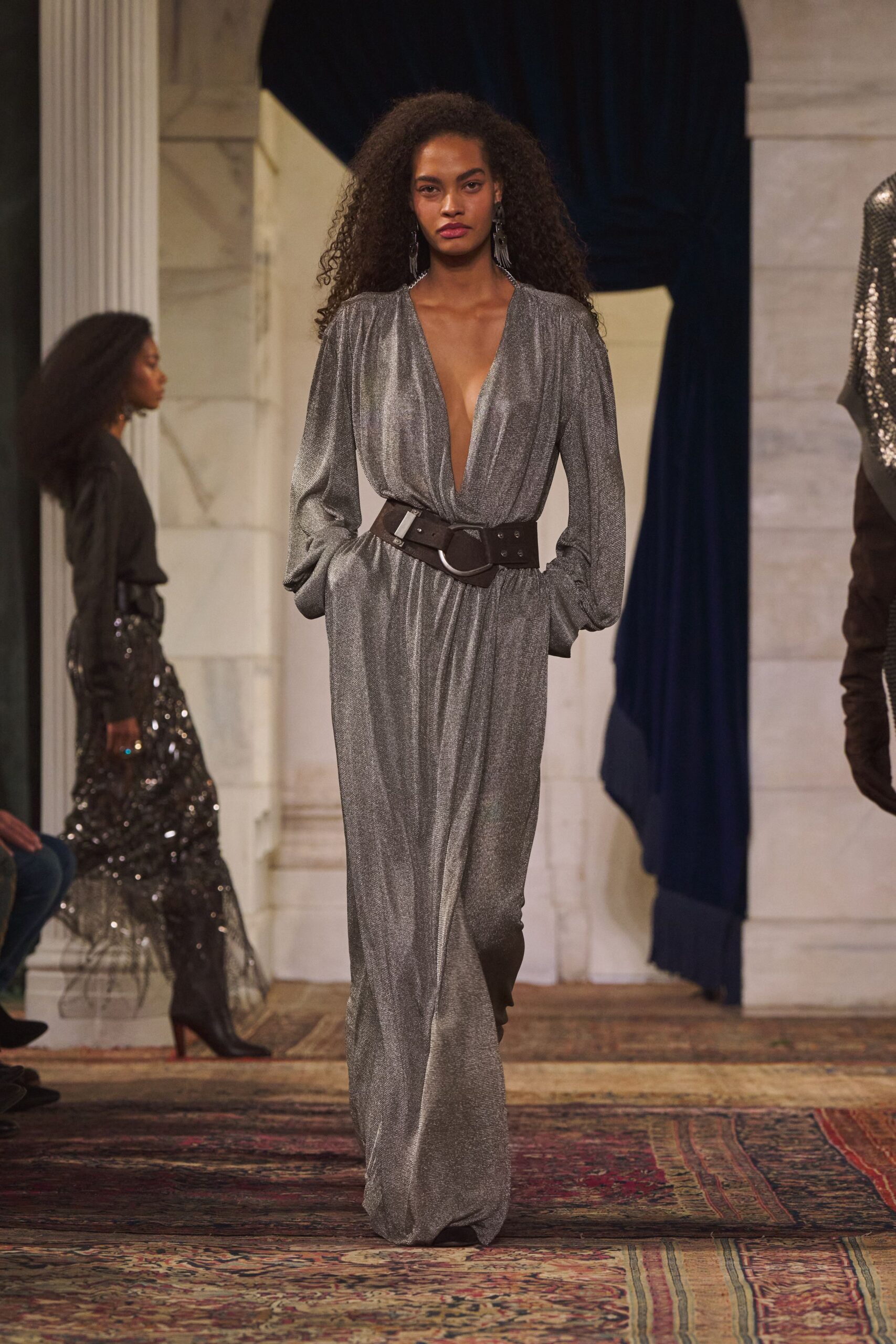 gray silk long-sleeve v-neck fitted draped shiny gown