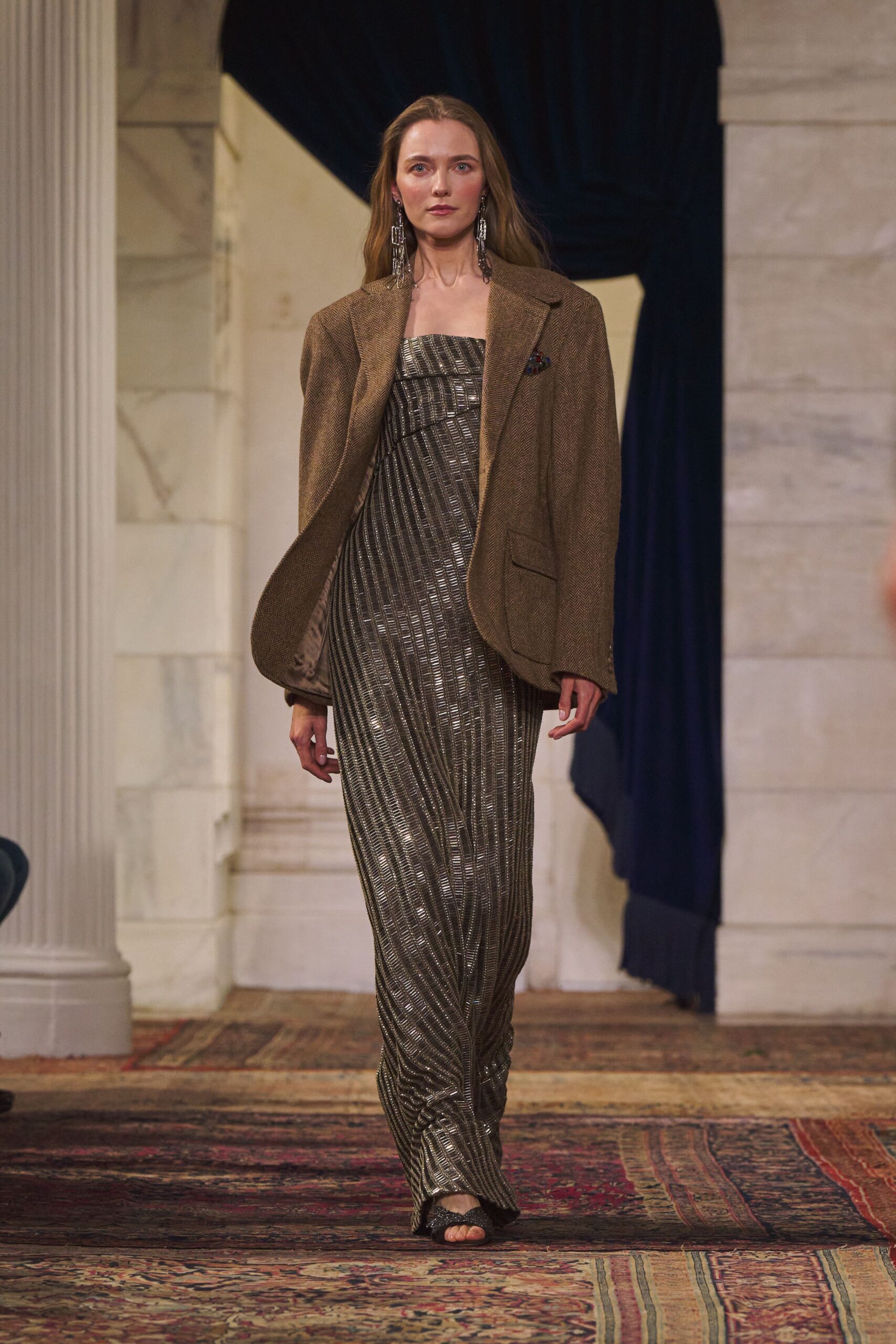 gold silk sleeveless v-neck fitted textured shiny gown