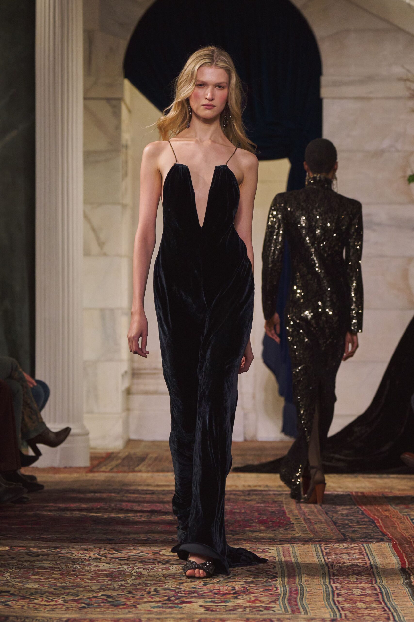 black velvet sleeveless gown