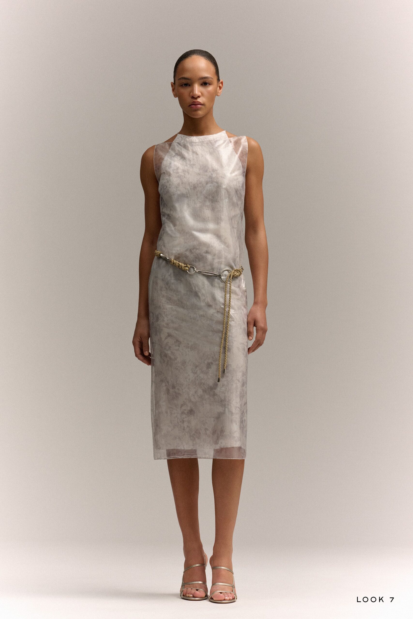 gray silk sleeveless midi dress