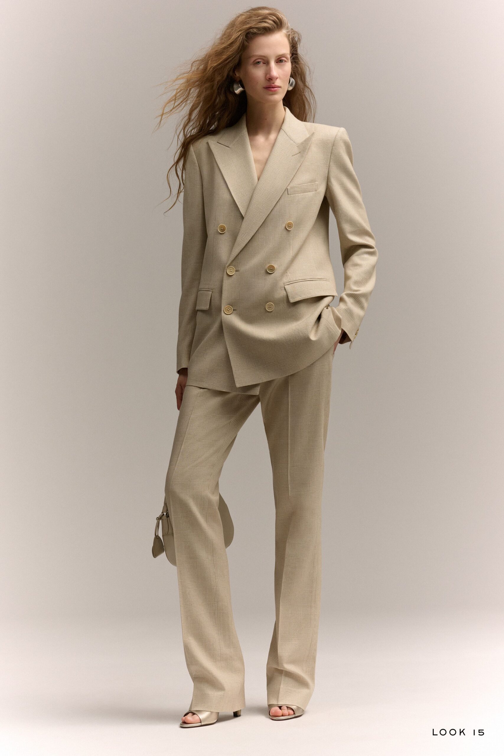beige tailored suit with shoes