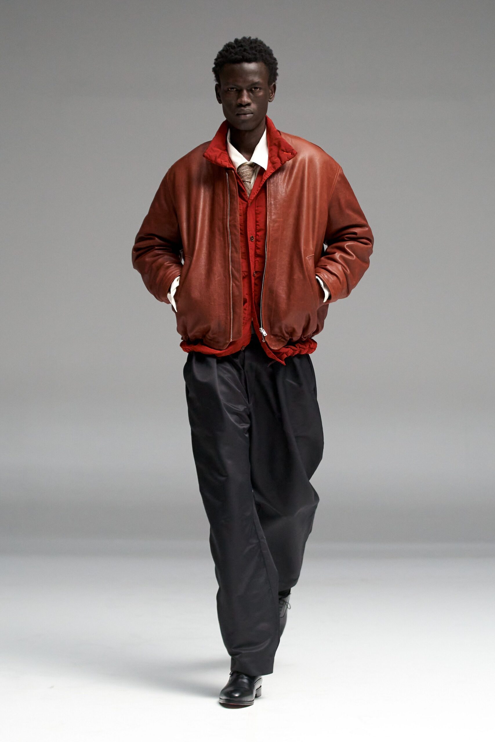 brown leather long-sleeve collared relaxed jacket