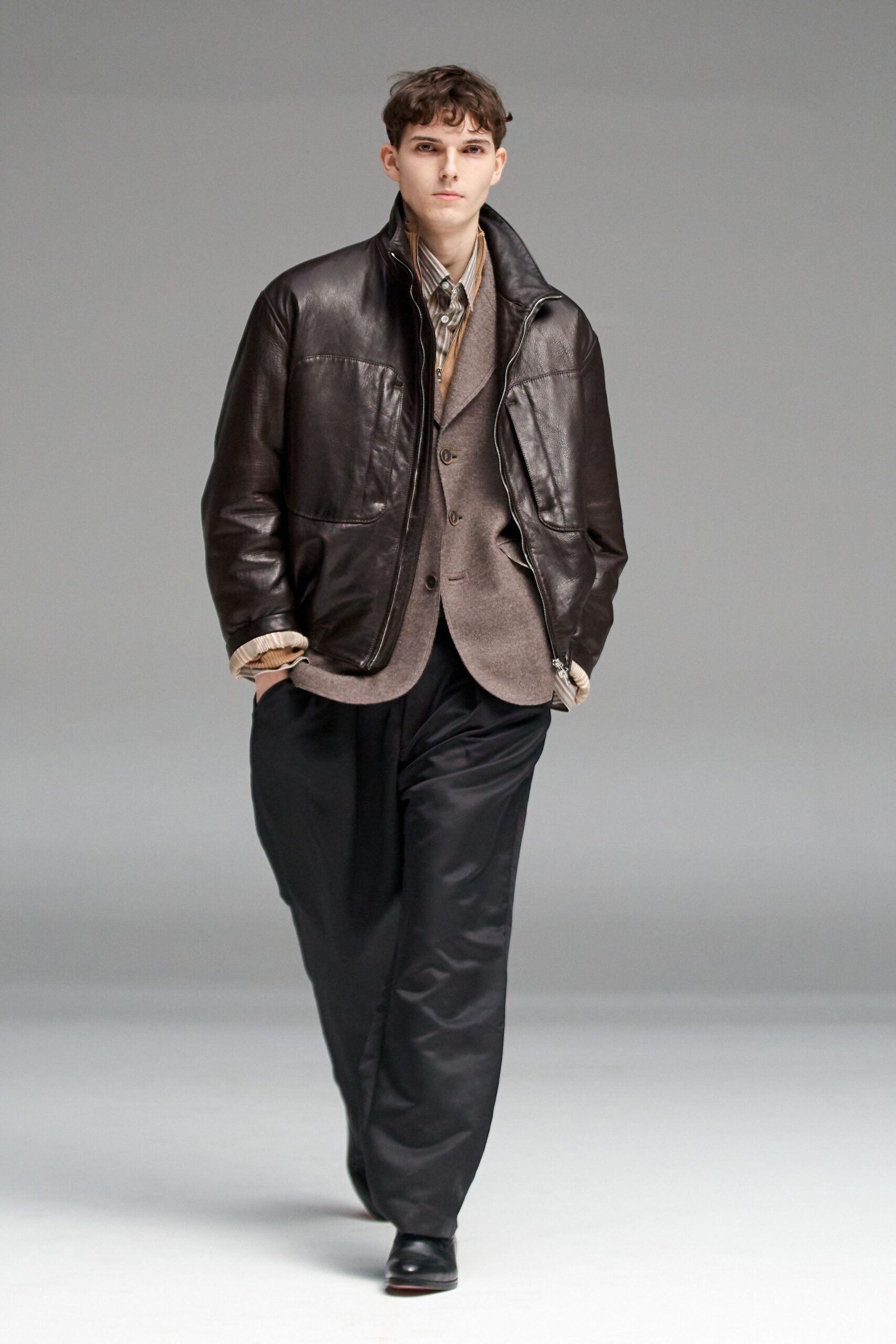brown leather long-sleeve collared structured jacket