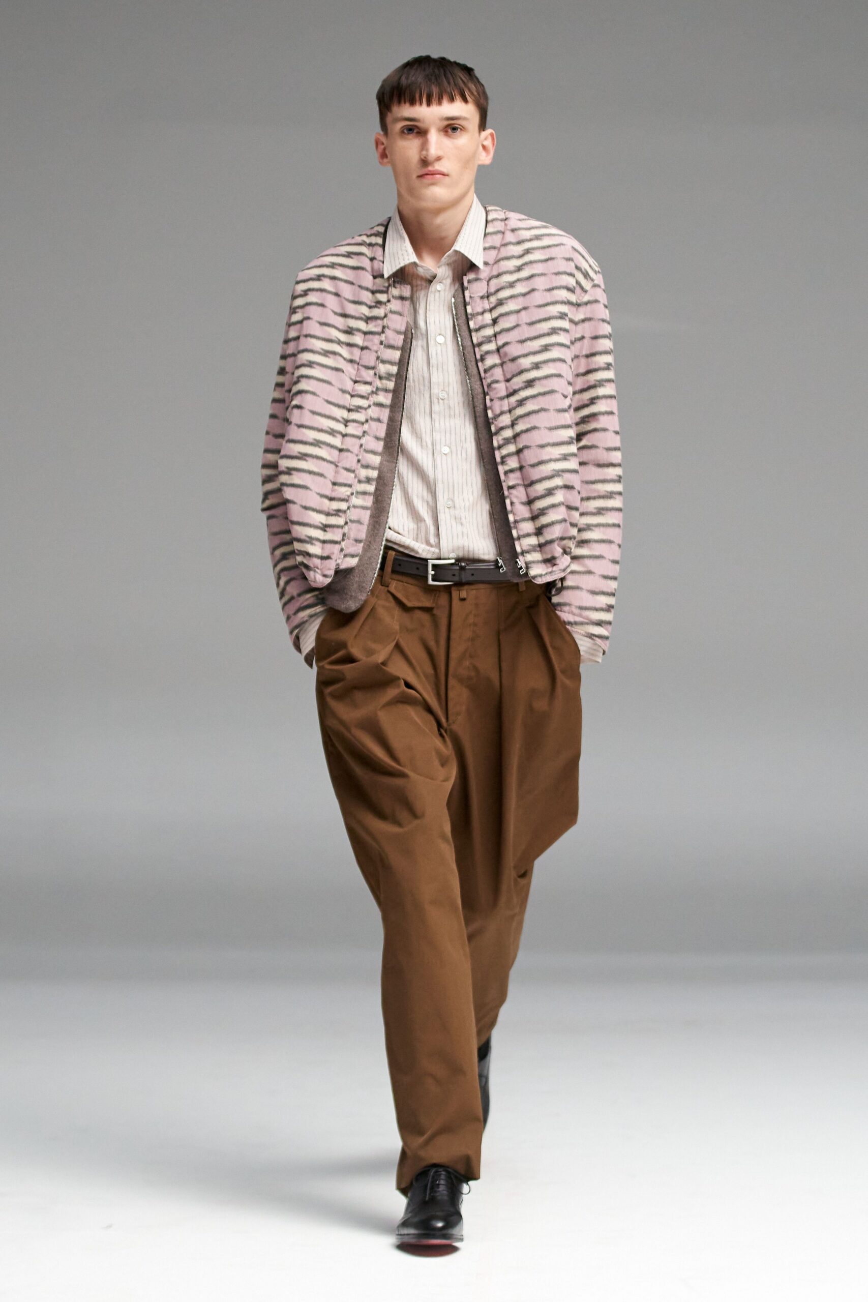 pink cotton long-sleeve collared relaxed striped jacket