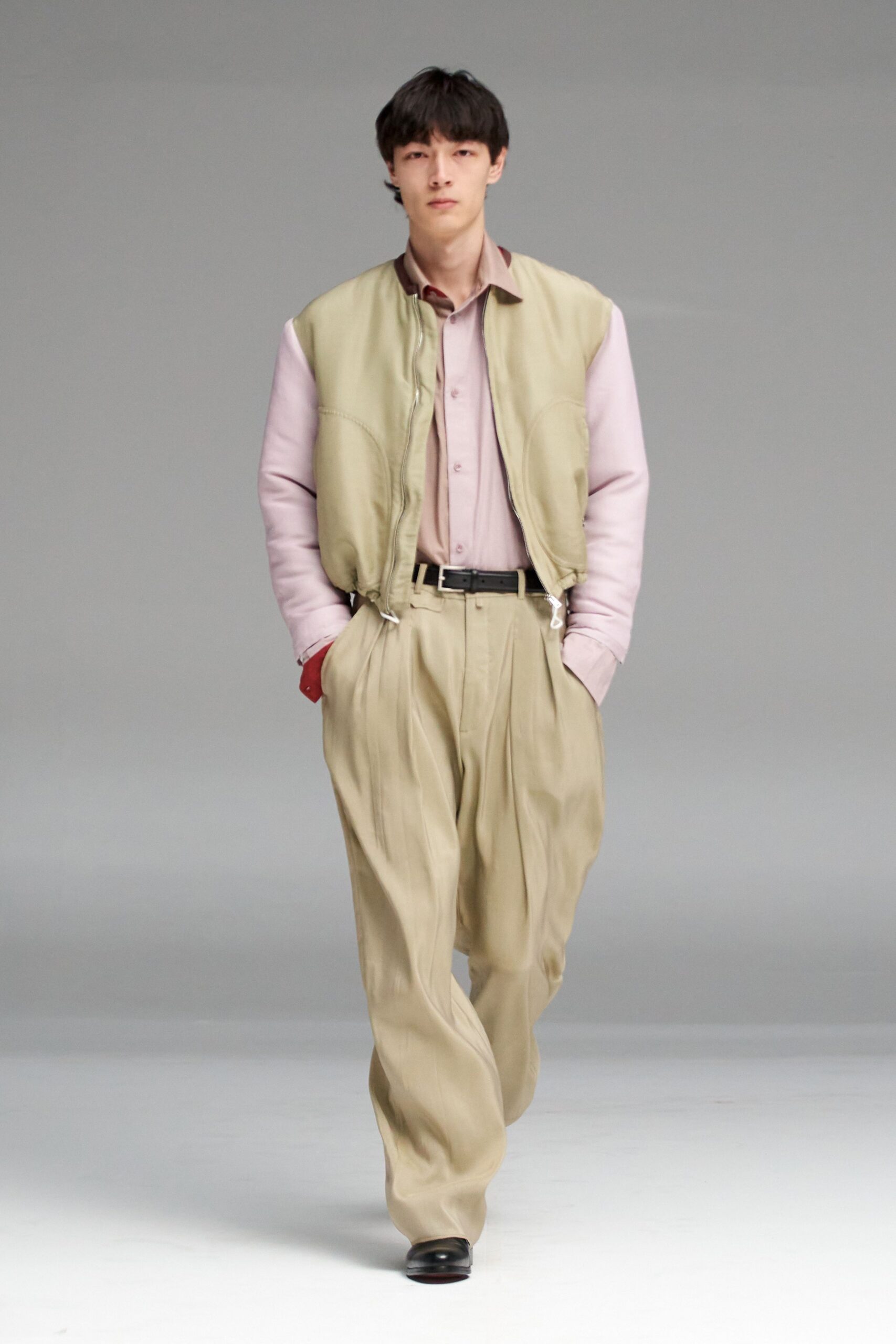 beige relaxed jacket with pink shirt