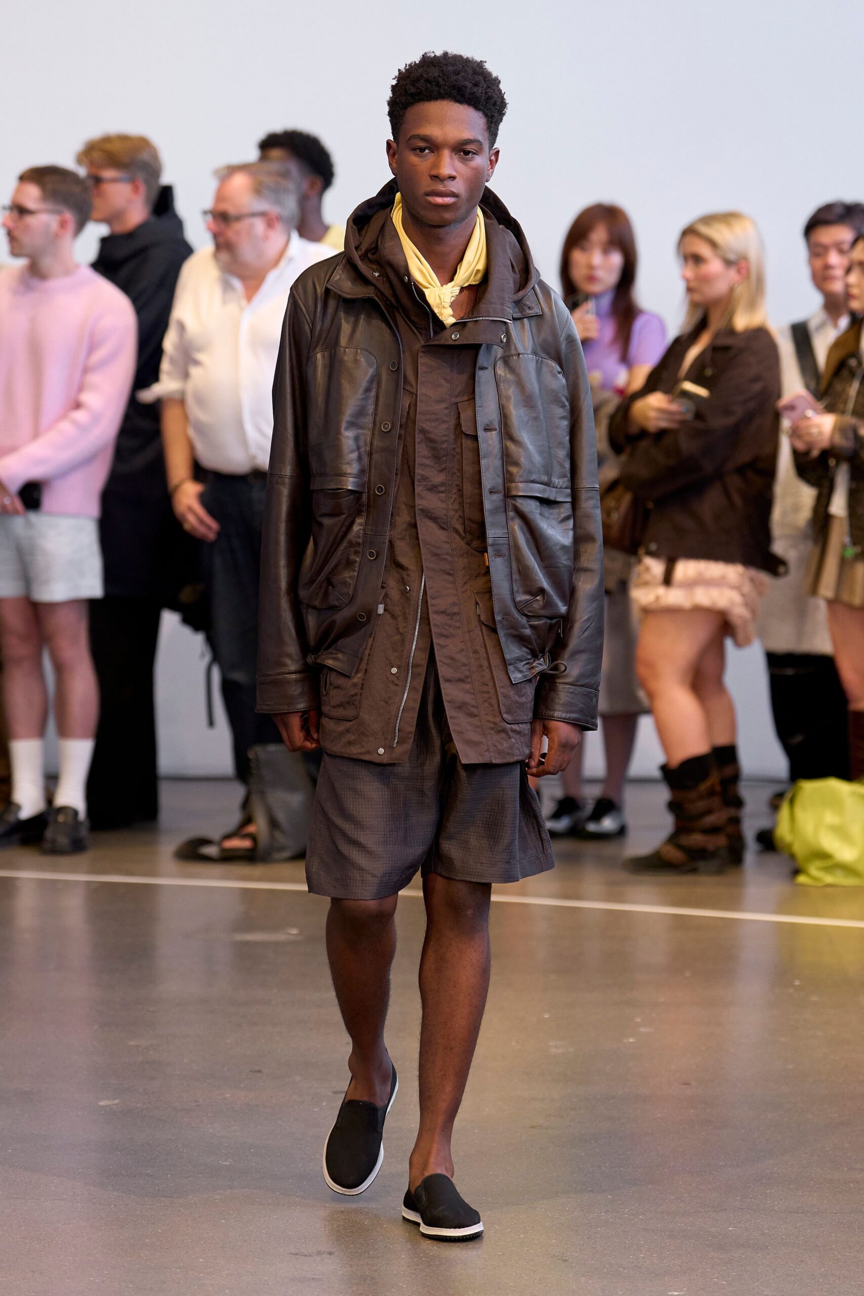 brown leather long-sleeve collared relaxed zippered jacket
