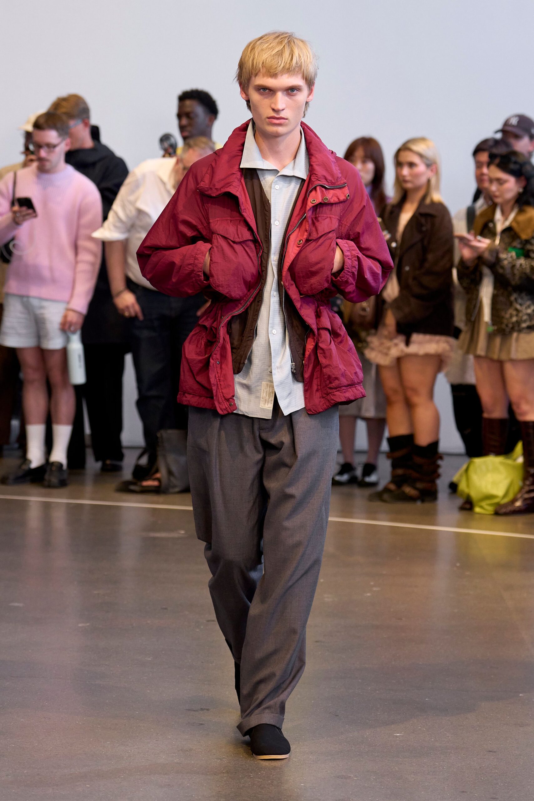 red jersey long-sleeve collared relaxed zippered jacket