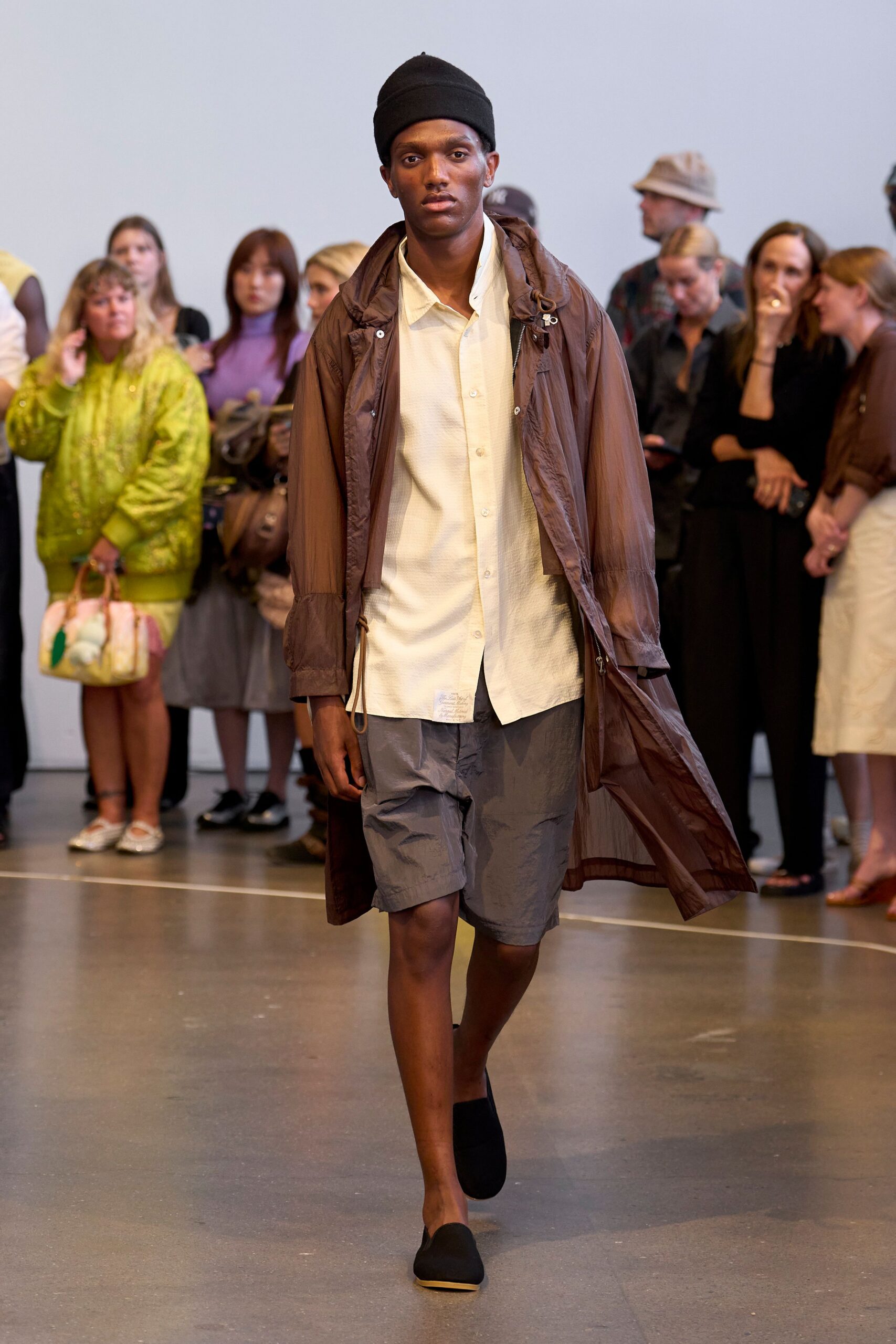 brown vinyl long-sleeve collared relaxed layered shiny coat