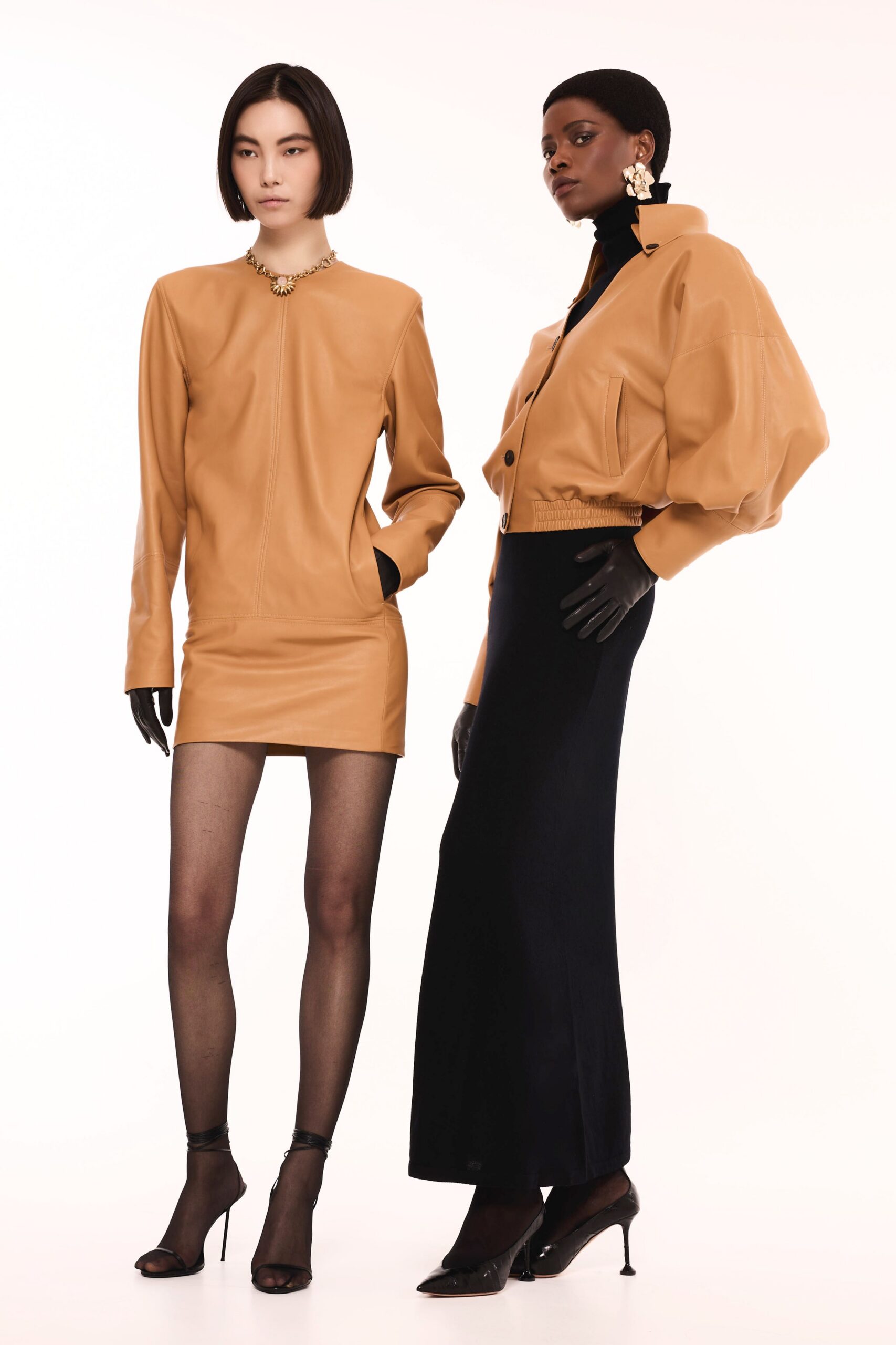 tan leather long-sleeve collared fitted mini dress