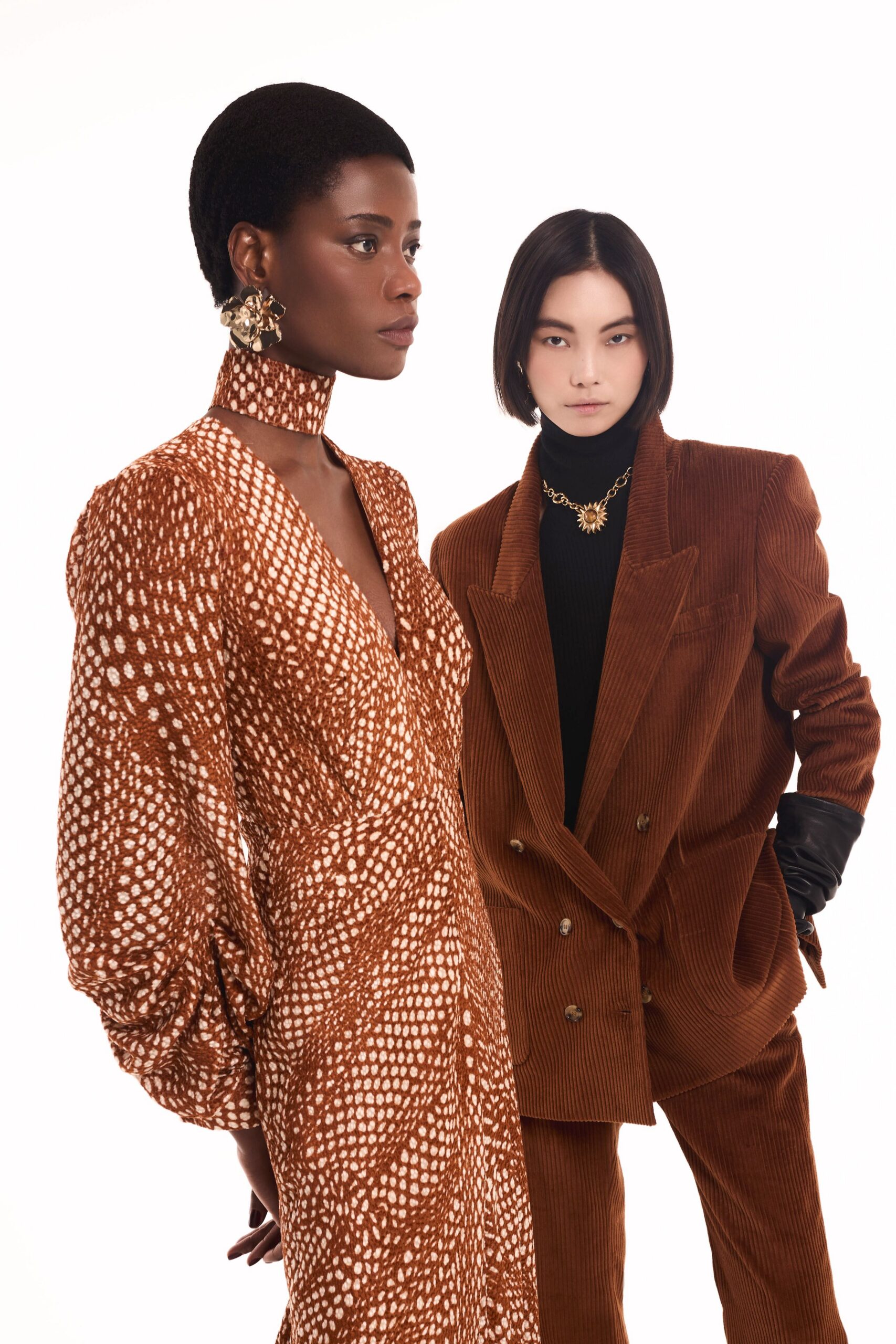 brown silk long-sleeve v-neck fitted draped printed dress