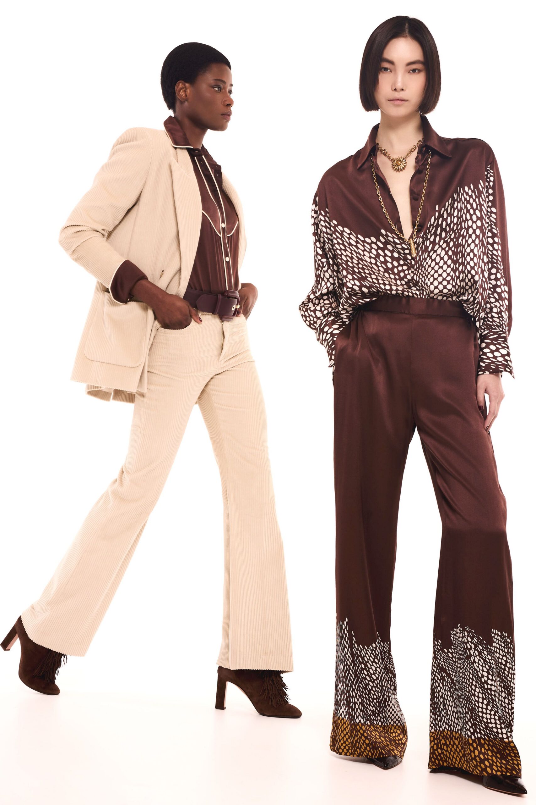 brown silk long-sleeve collared relaxed printed shirt