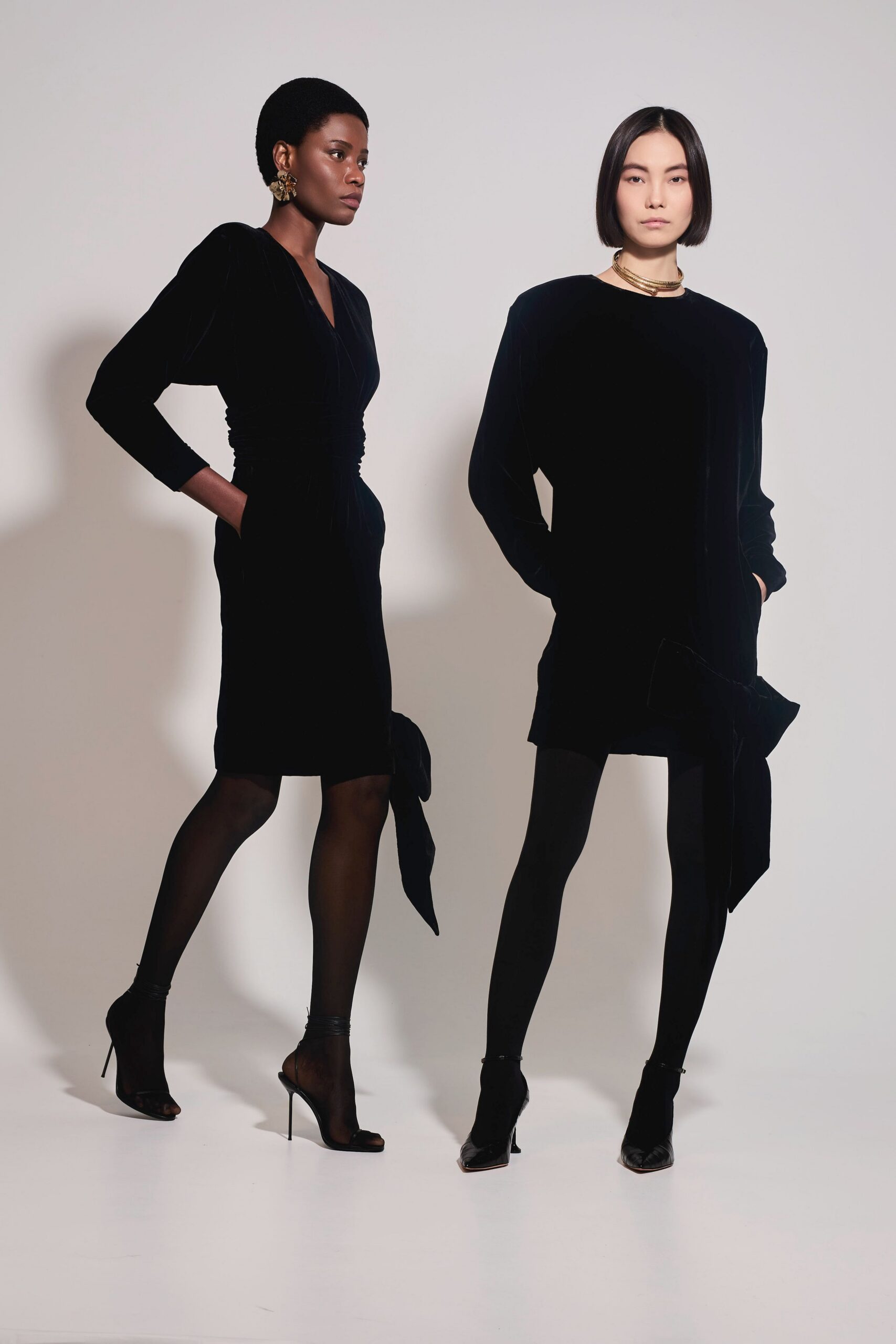 black velvet long-sleeve collared relaxed straight-leg short dress