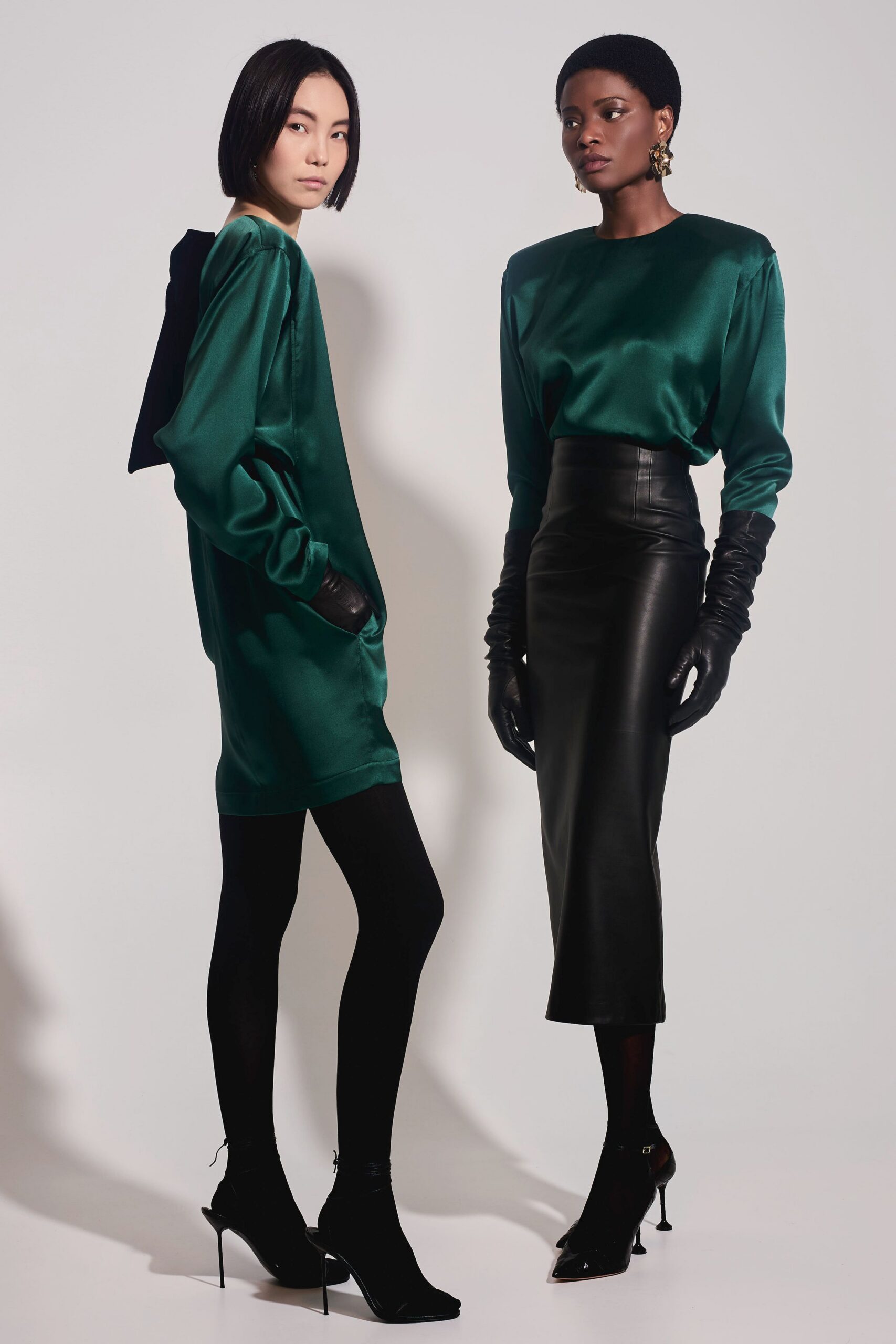 green silk relaxed dress with black leather skirt