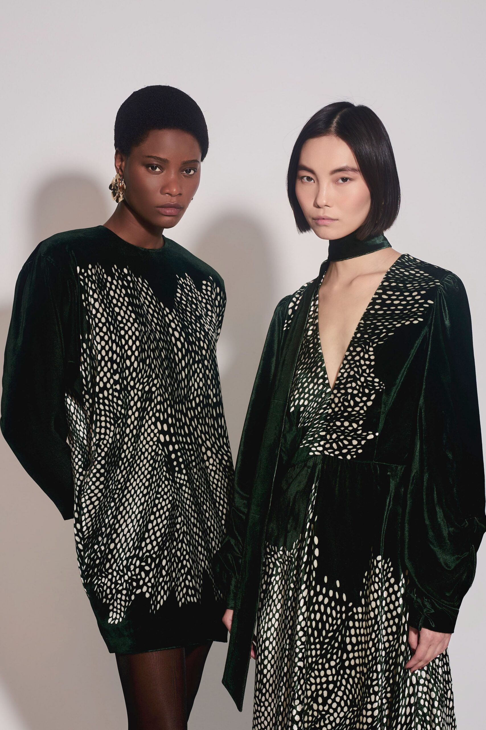 green velvet long-sleeve v-neck fitted printed maxi dress