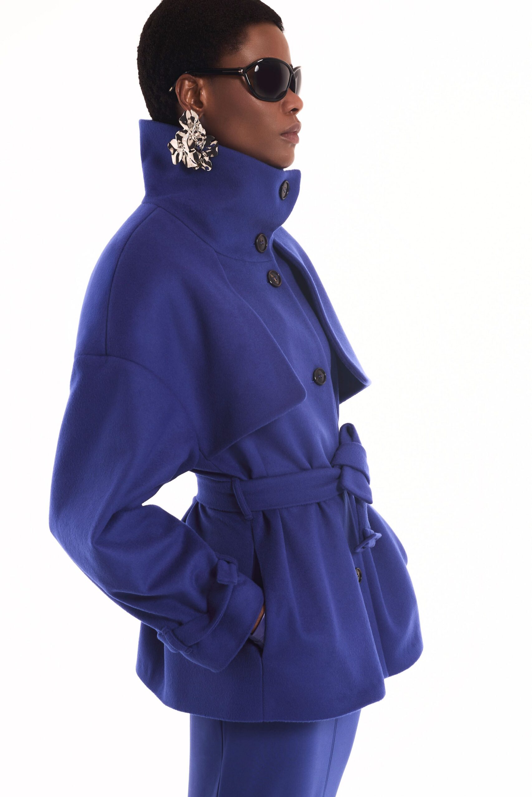 blue wool long-sleeve collared fitted belted jacket