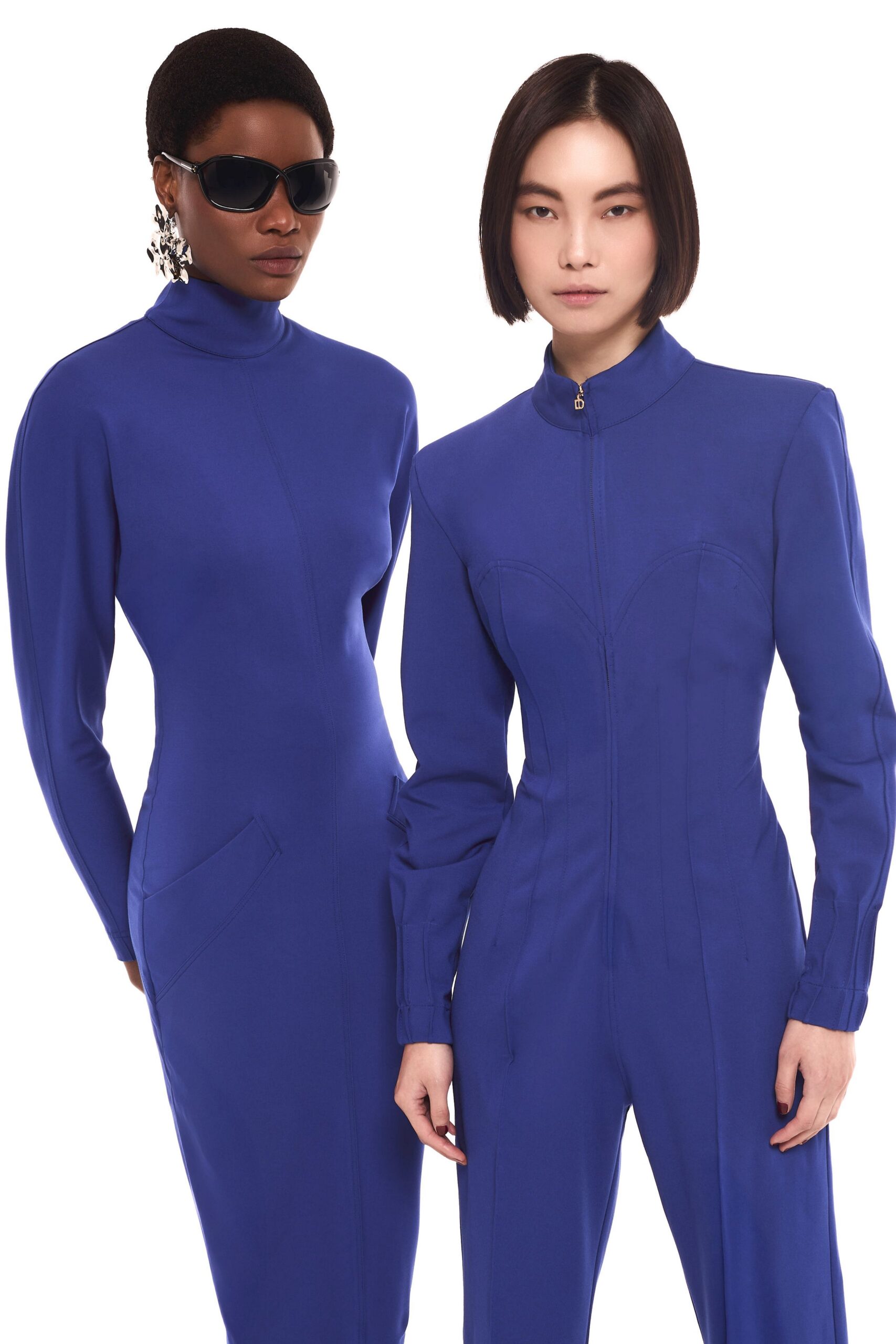 blue jersey long-sleeve high-neck fitted zippered jumpsuit