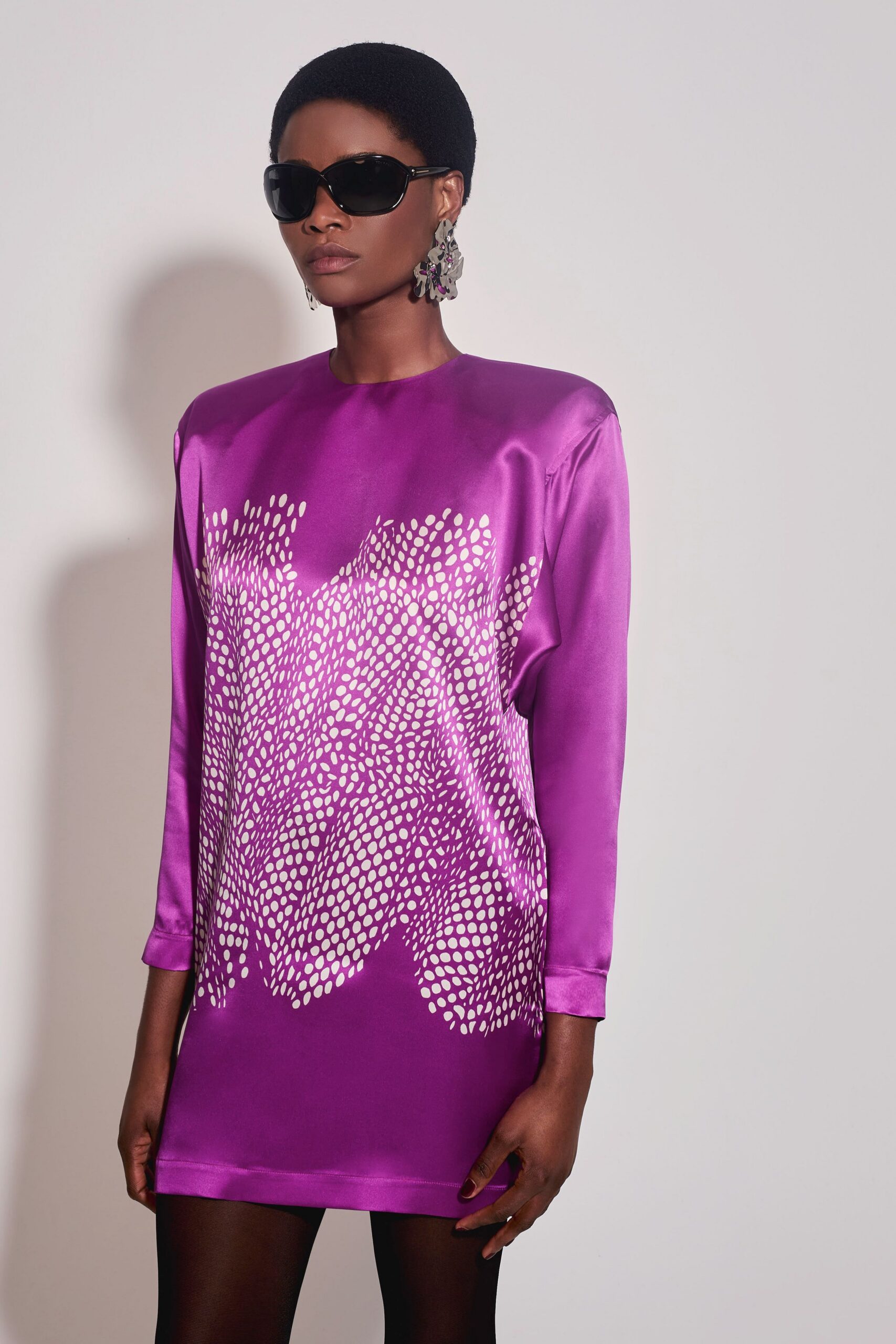purple silk long-sleeve high-neck fitted printed short dress