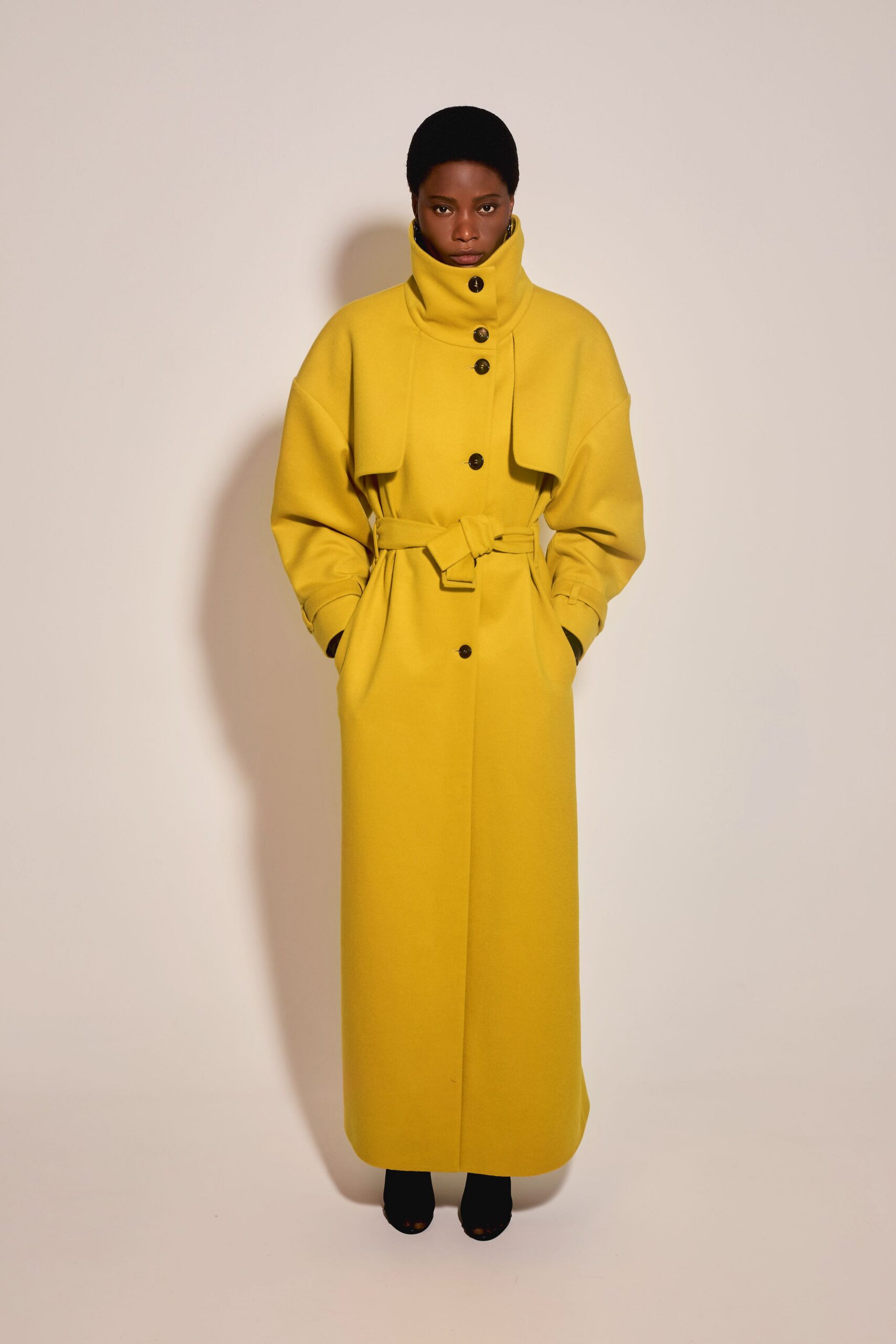 yellow wool long-sleeve collared relaxed belted buttoned coat
