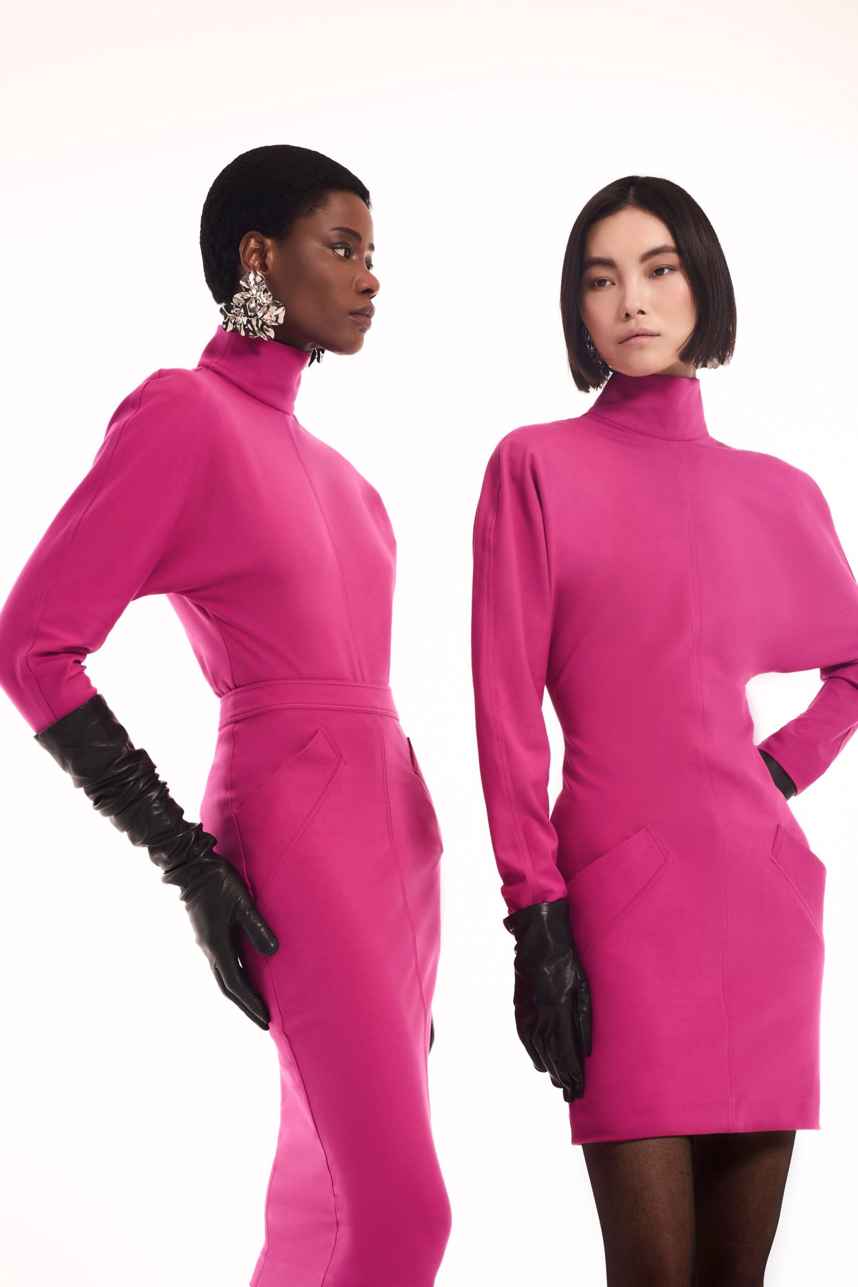 pink cotton long-sleeve high-neck fitted pencil mini dress