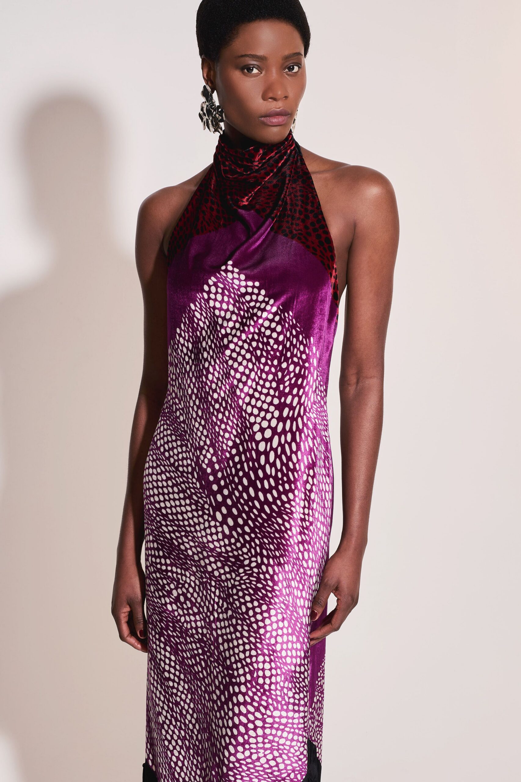 fitted purple velvet midi dress