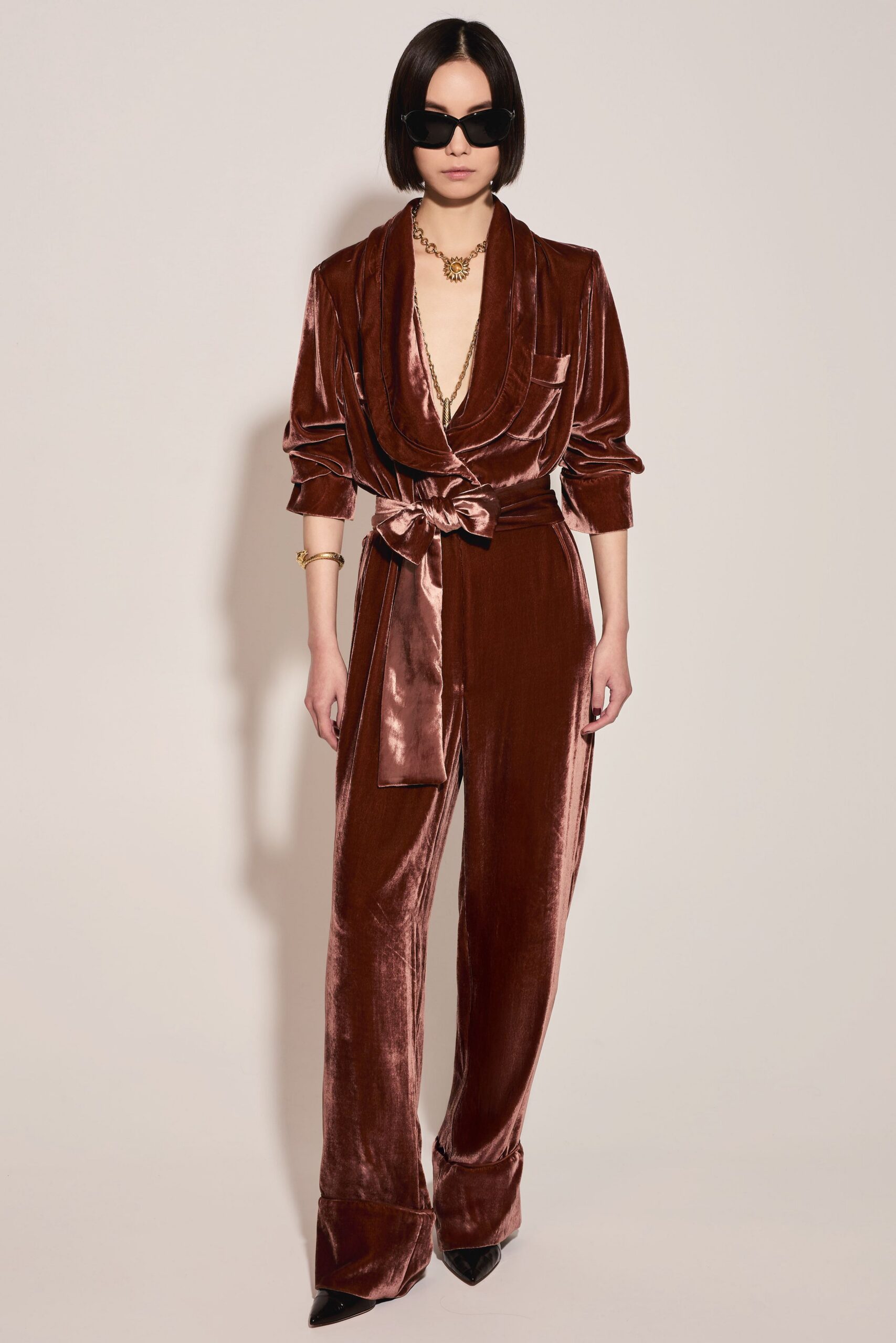brown velvet long-sleeve v-neck fitted belted shiny jumpsuit