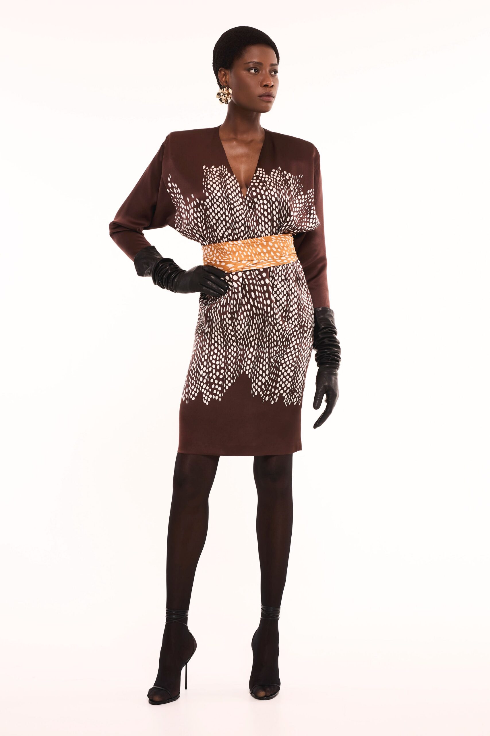 brown silk long-sleeve v-neck fitted printed mini dress