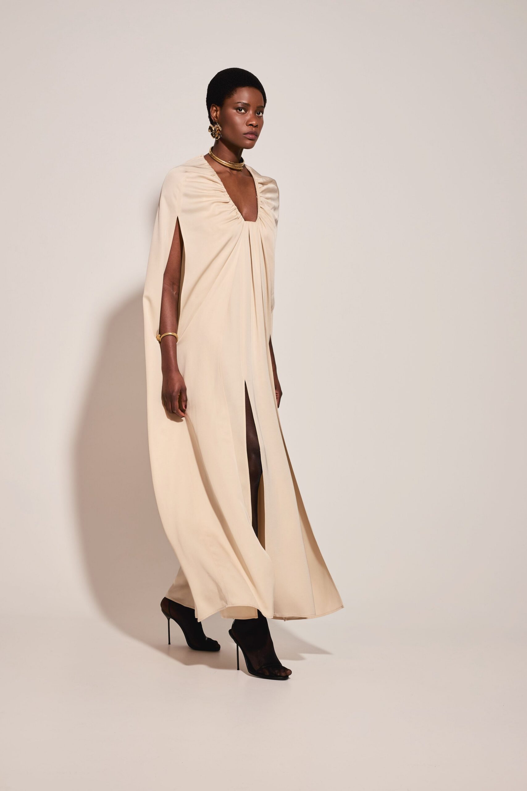 beige silk sleeveless gown