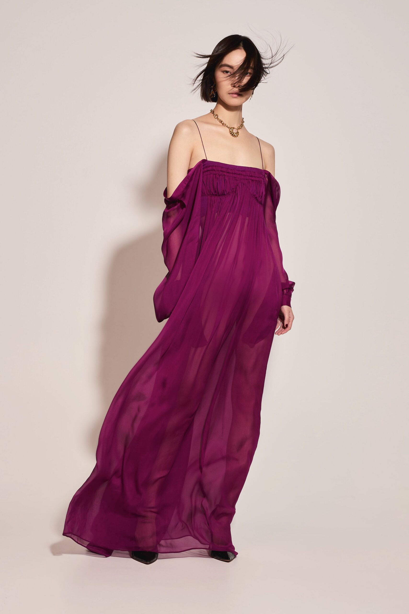 purple chiffon sleeveless off-shoulder relaxed flowing sheer gown