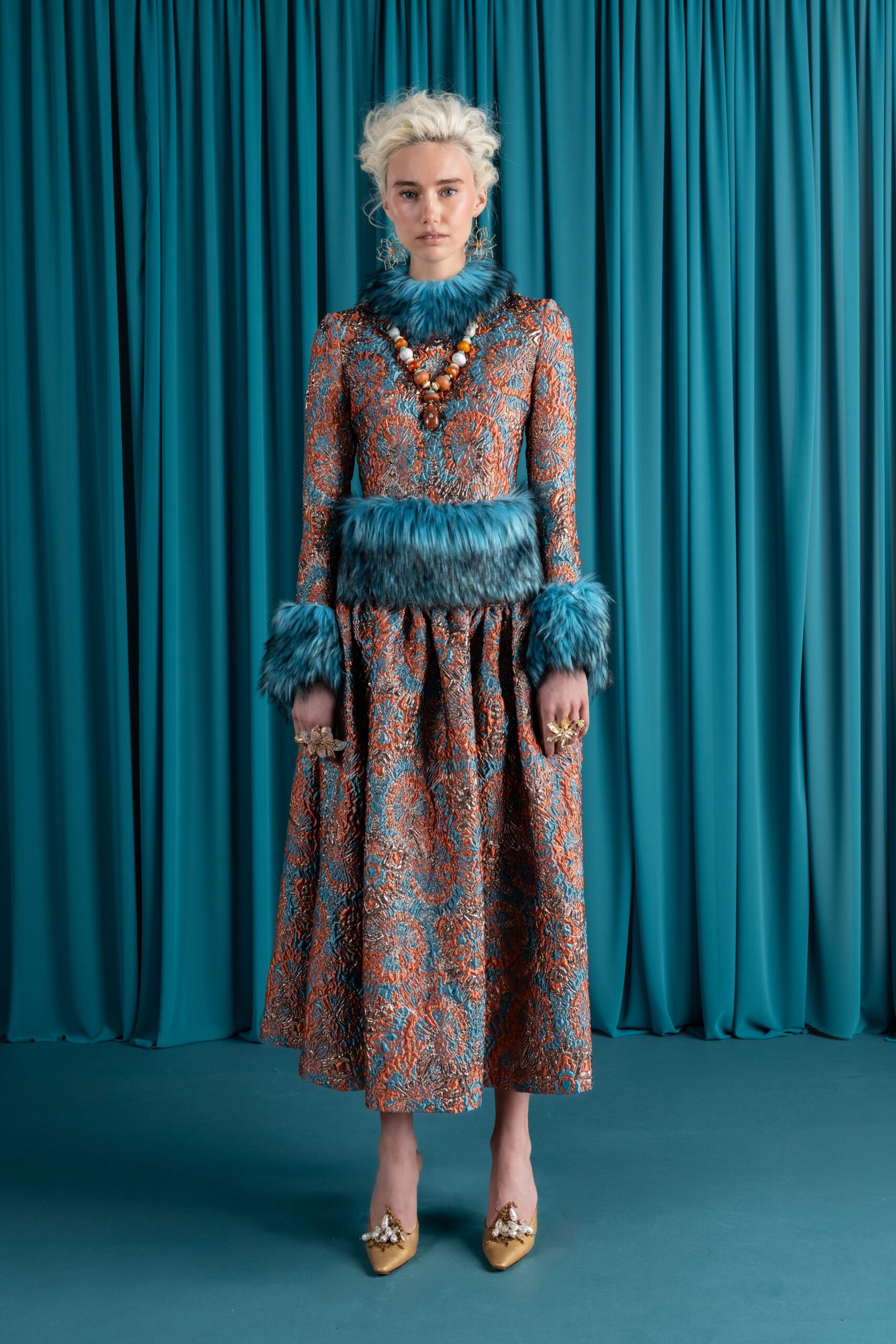 orange silk long-sleeve high-neck fitted flared embroidered dress