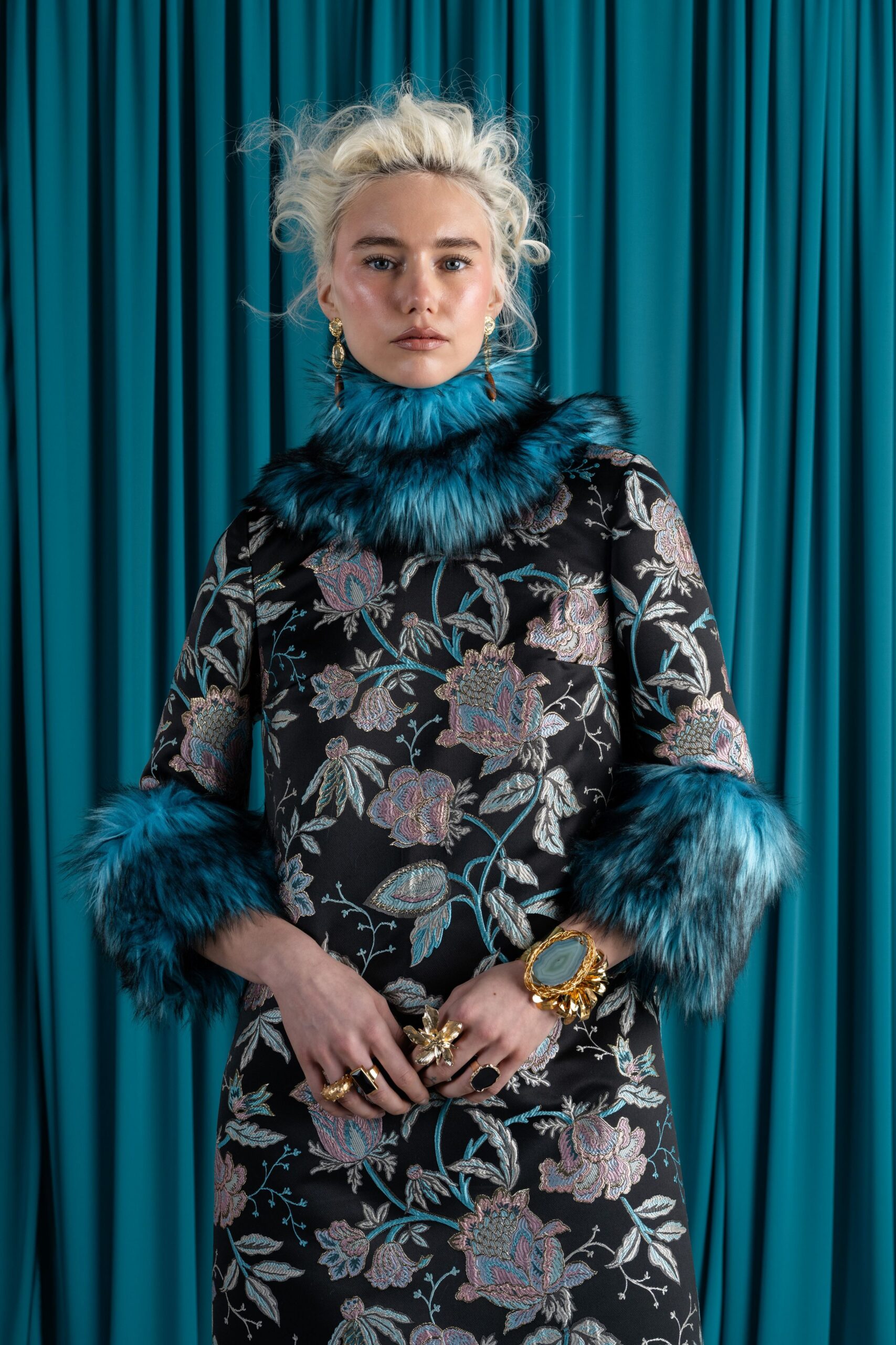 black floral midi dress with blue fur cape
