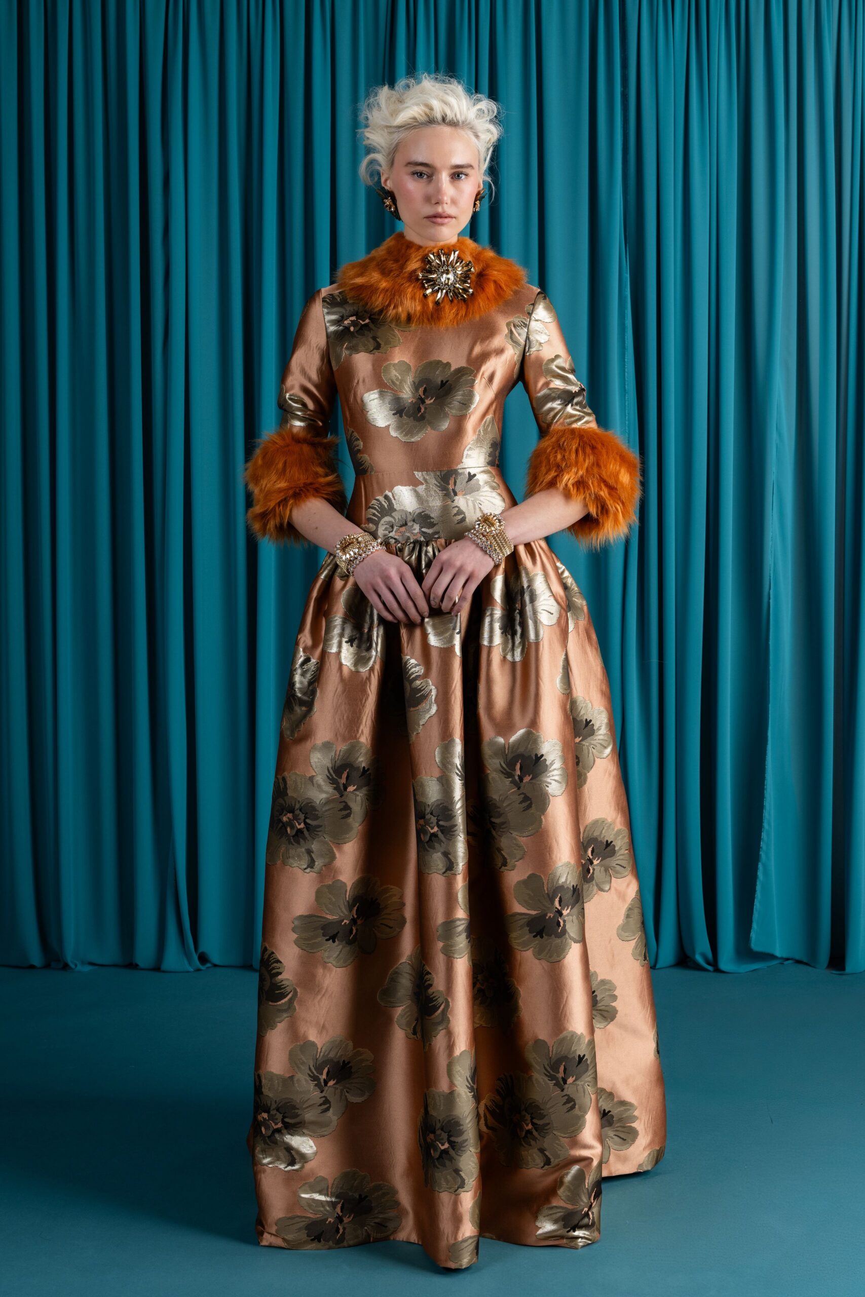 brown floral silk gown