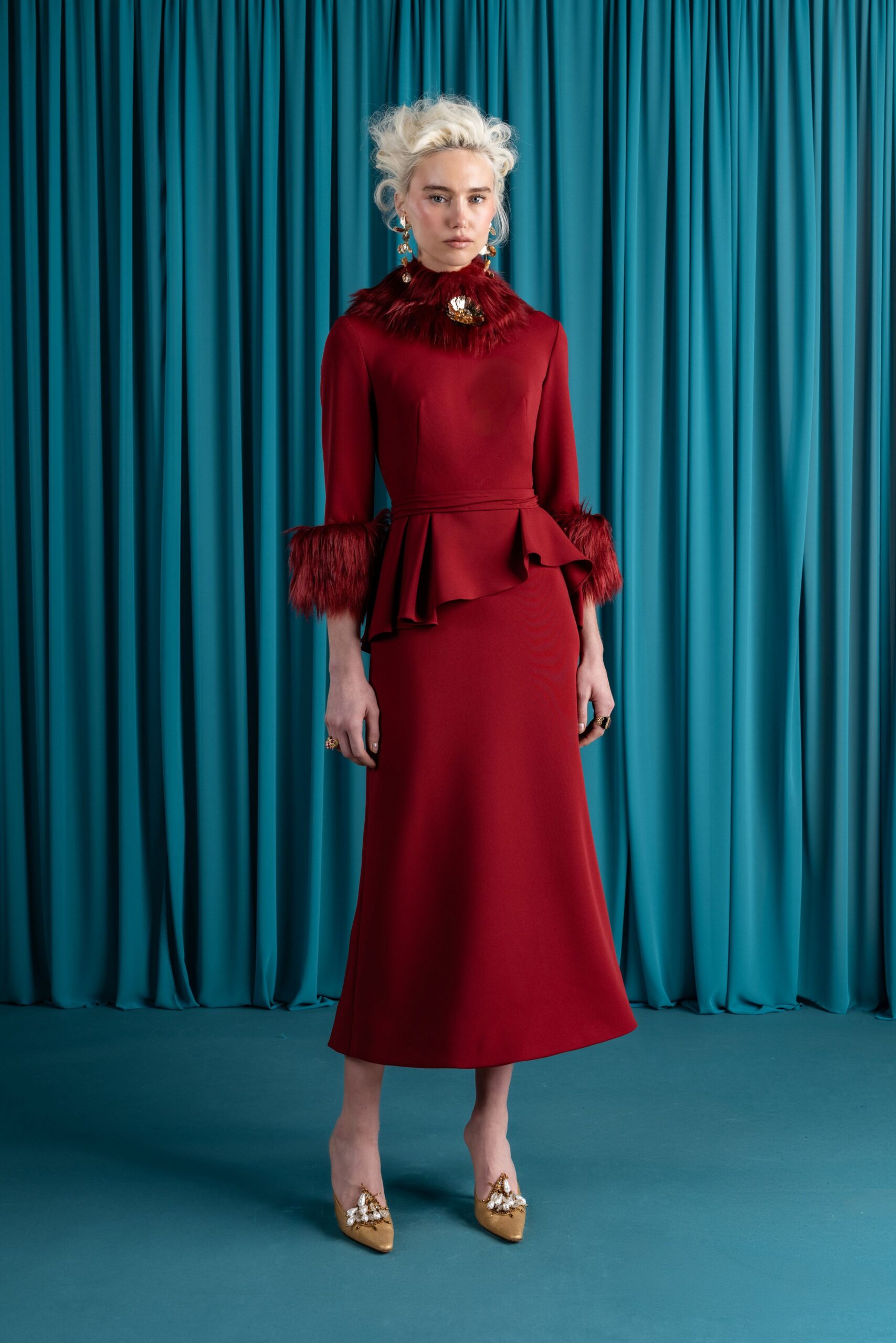 red silk long-sleeve high-neck fitted ruffled flared dress
