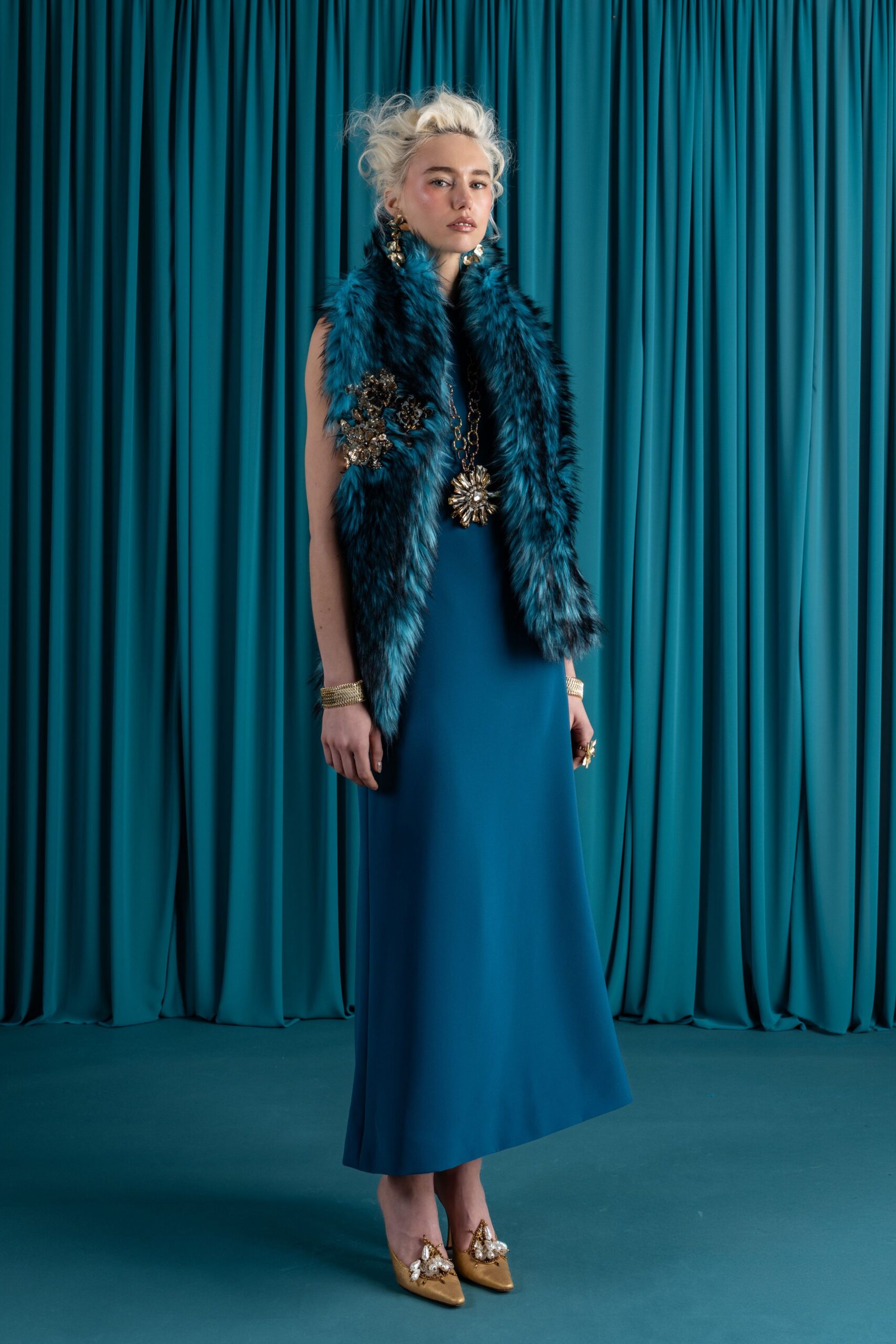 teal fur relaxed cape