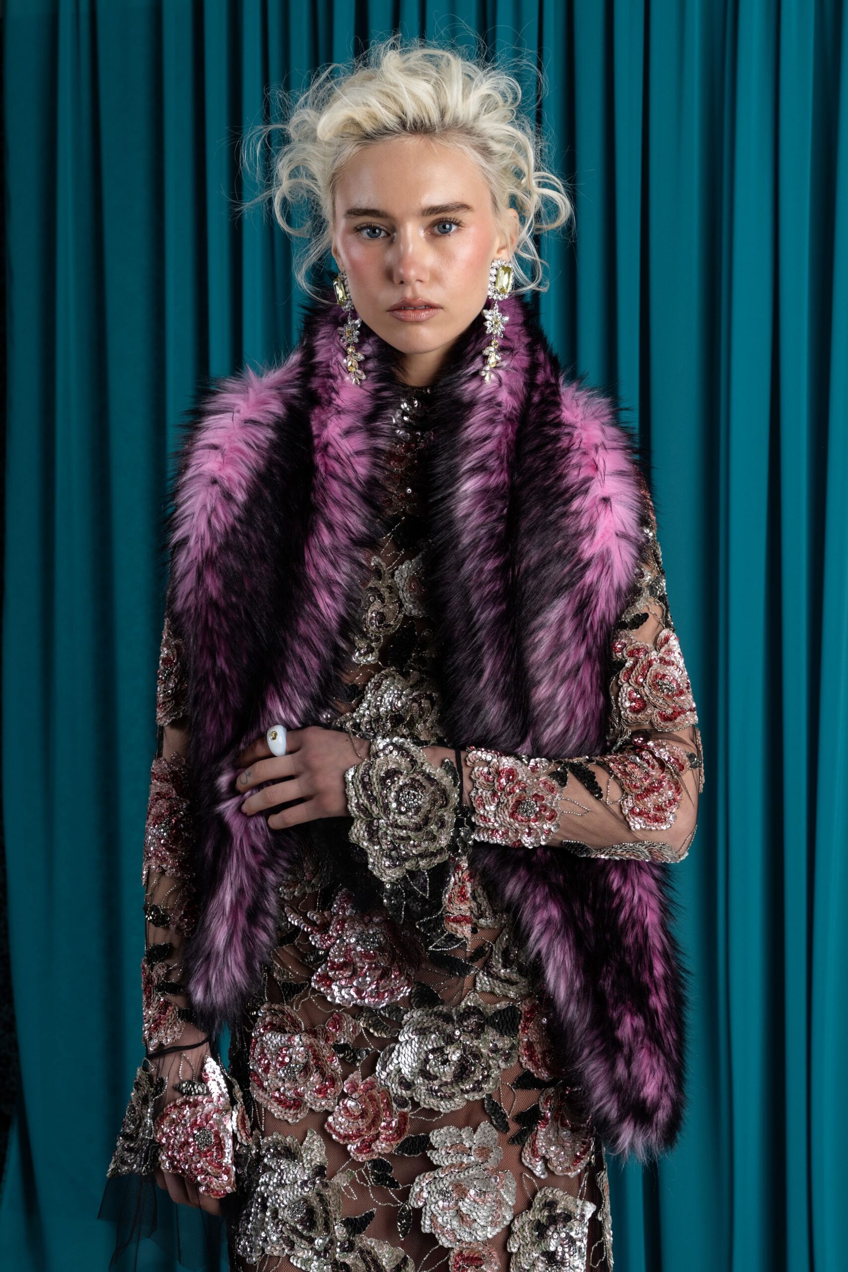 floral lace maxi dress with fur cape