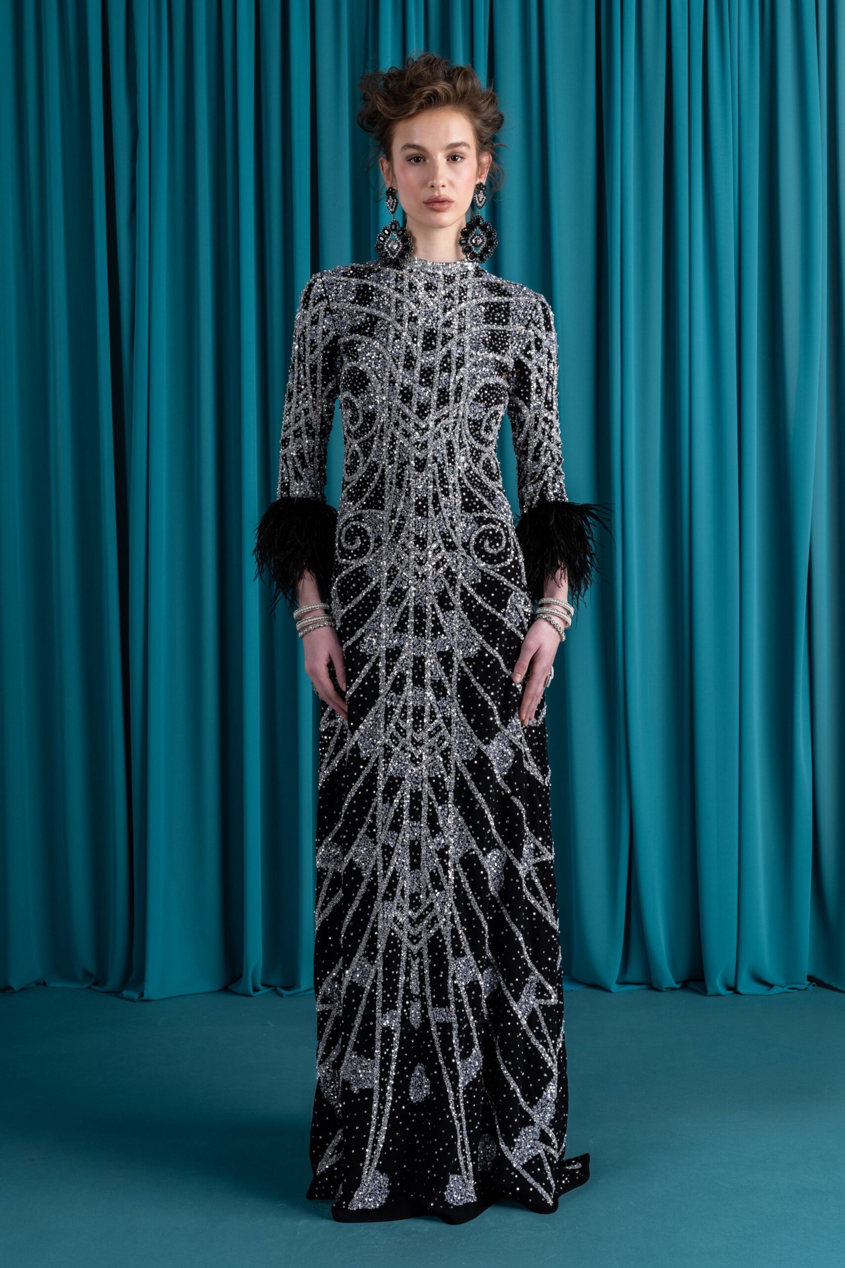 black and white embellished gown