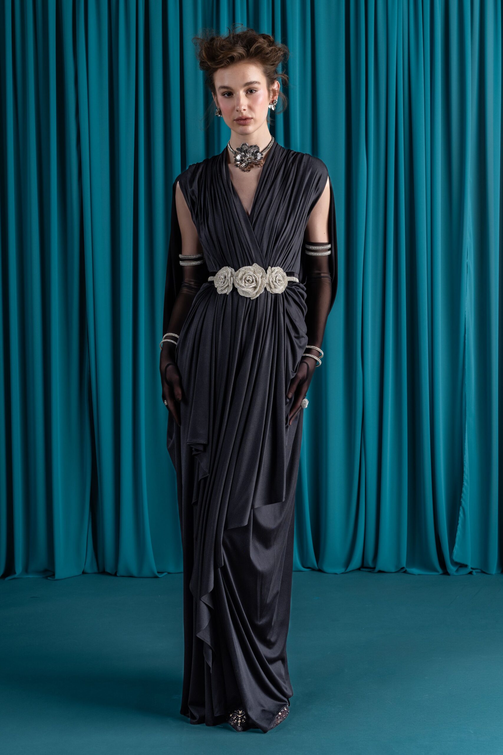 black silk sleeveless v-neck fitted pleated draped gown