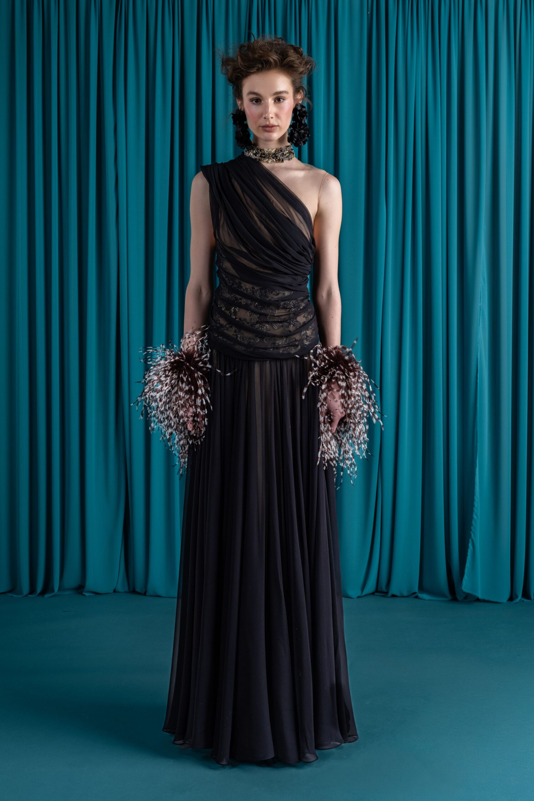 black silk sleeveless gown