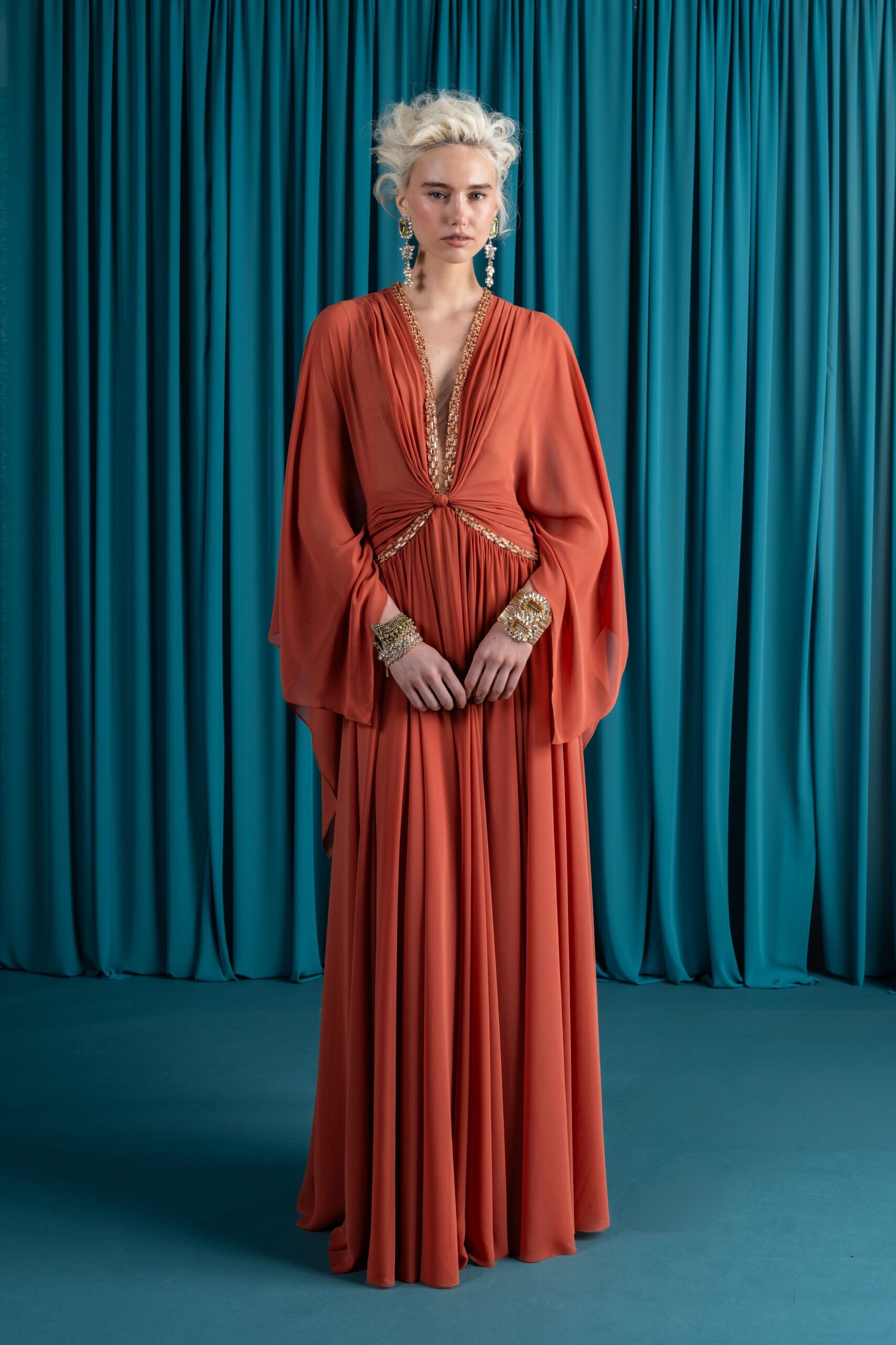 orange silk fitted gown