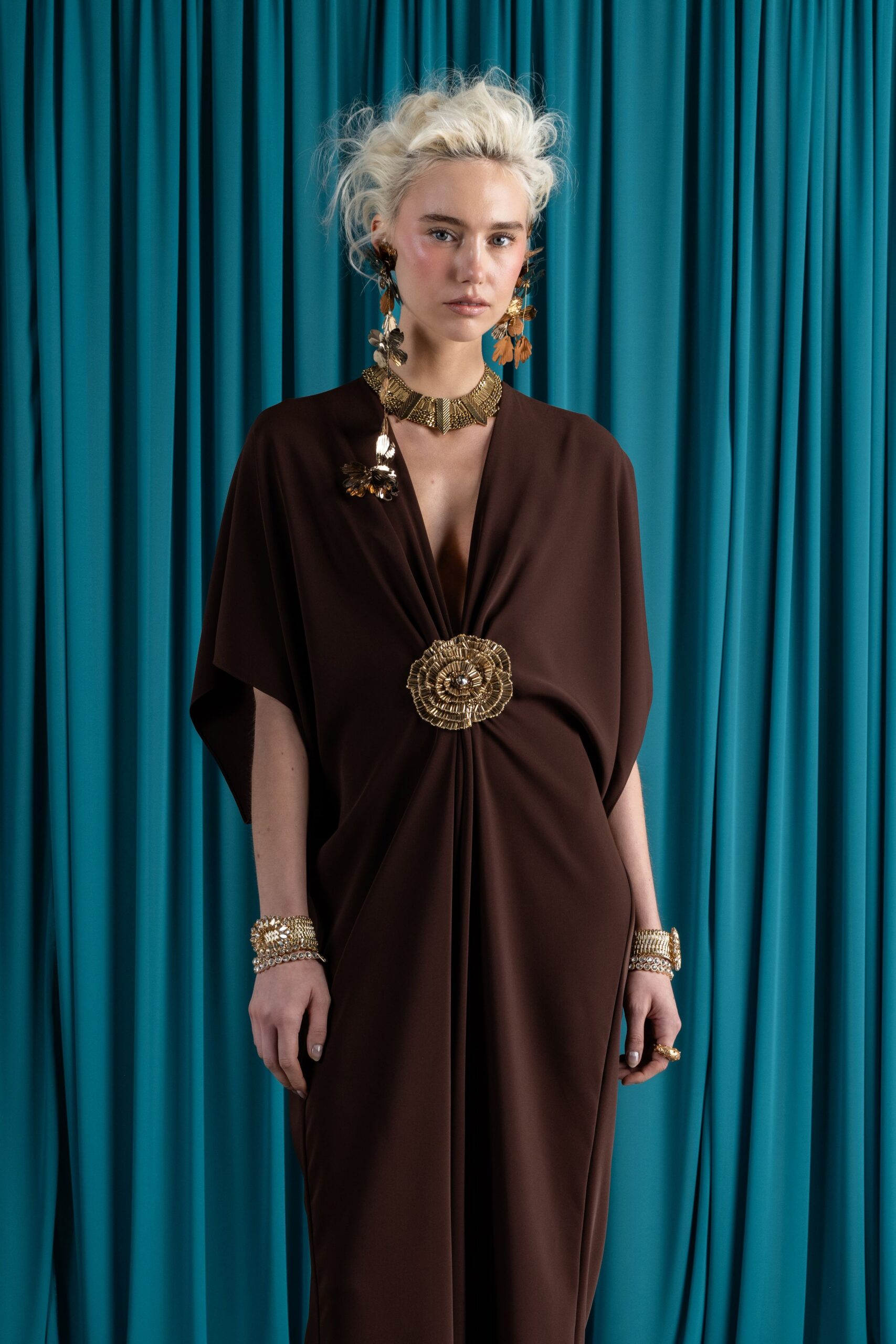 brown silk sleeveless gown